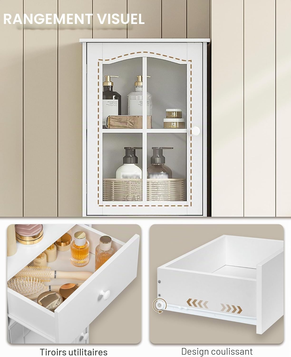 Detalle de Hzuaneri Meuble Salle de Bain SC10003X : Armoire haute blanche à porte vitrée et tiroir