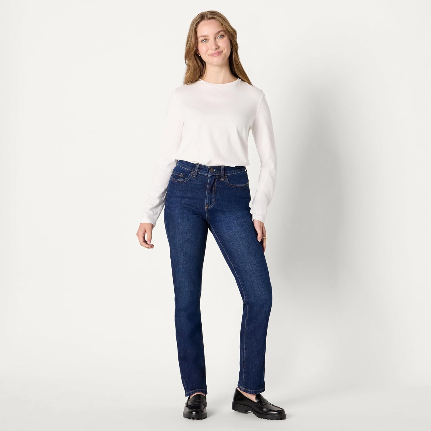 Detalle 1 de Amazon Essentials Jeans Vita Alta a Gamba Dritta Donna – Lavaggio Ombré Scuro, 40