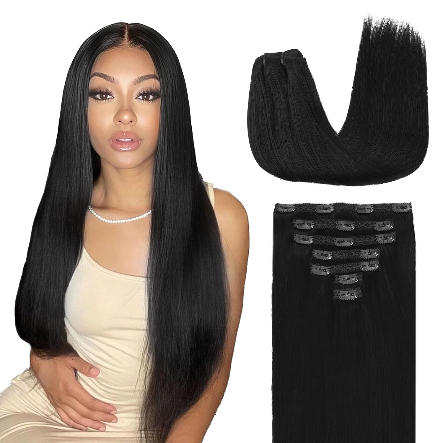 Detalle de Lashey 12-Inch Clip-In Human Hair Extensions, 7-Piece, 120g, Jet Black