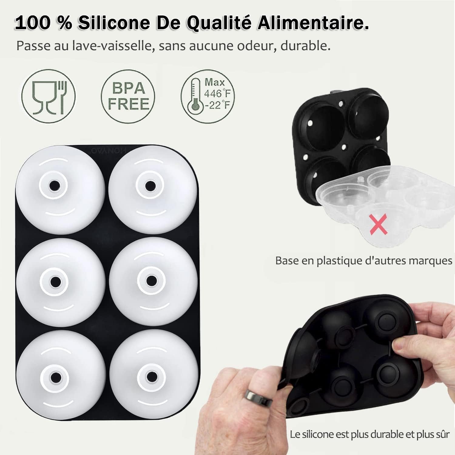 Detalle de HONYAO siliconen ijsblokjesvorm voor 6 ijsbollen van 5 cm met deksel