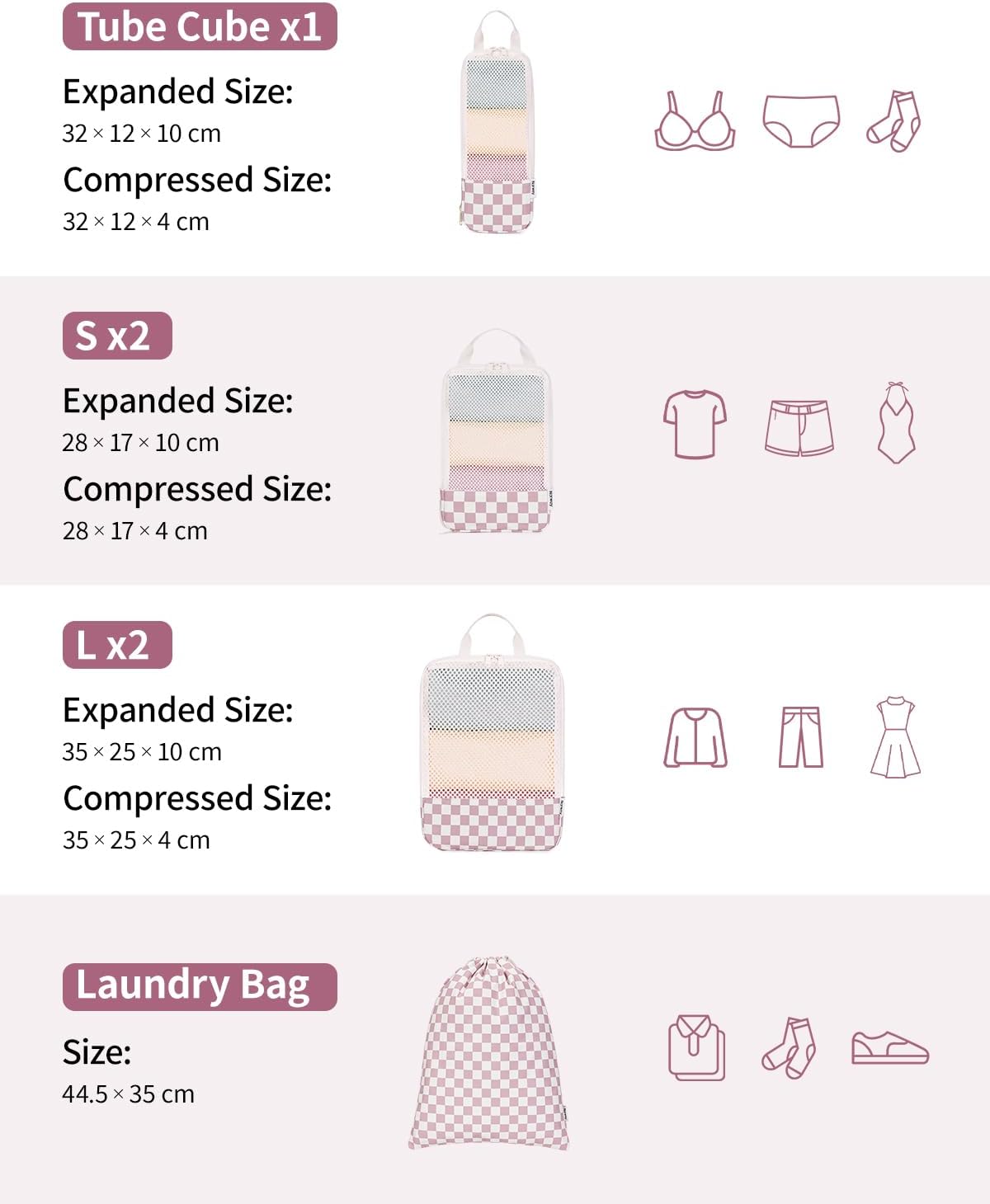 Detalle 2 de Narwey 6 Set Compression Packing Cubes for Carry-On Luggage (Checkerboard Dusty Rose)