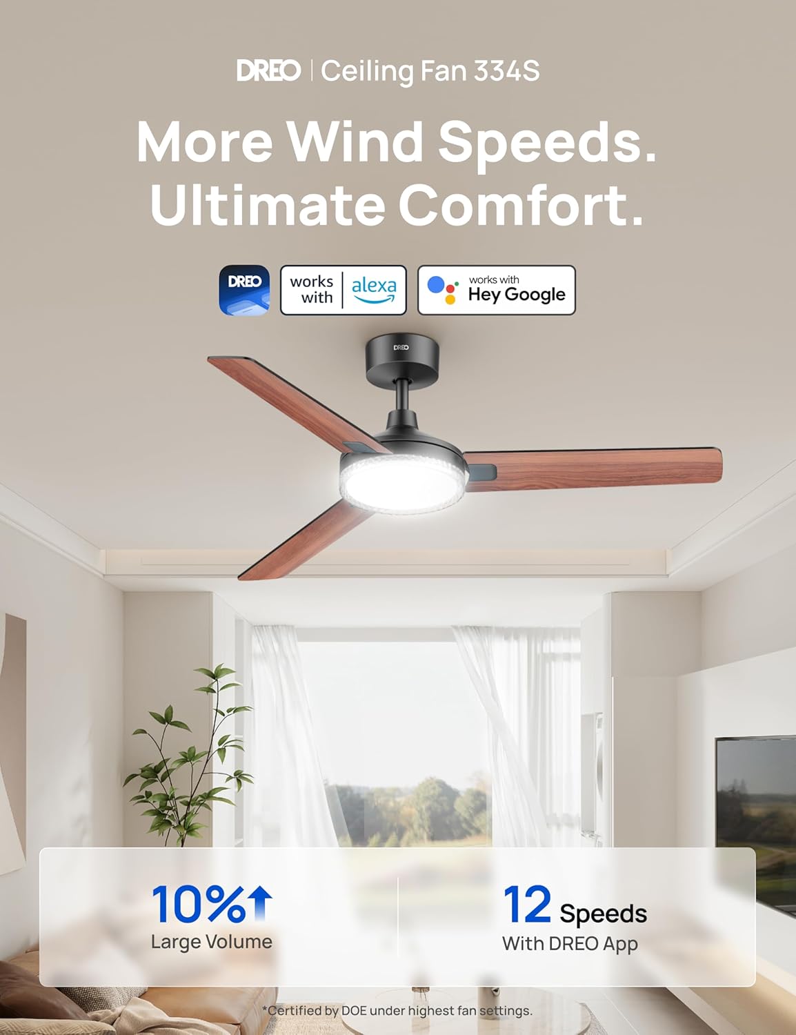 Thumbnail 1 de DREO 52 Inch Smart Ceiling Fan with Lights: Quiet, Colour-Tuned illumination and voice‑control