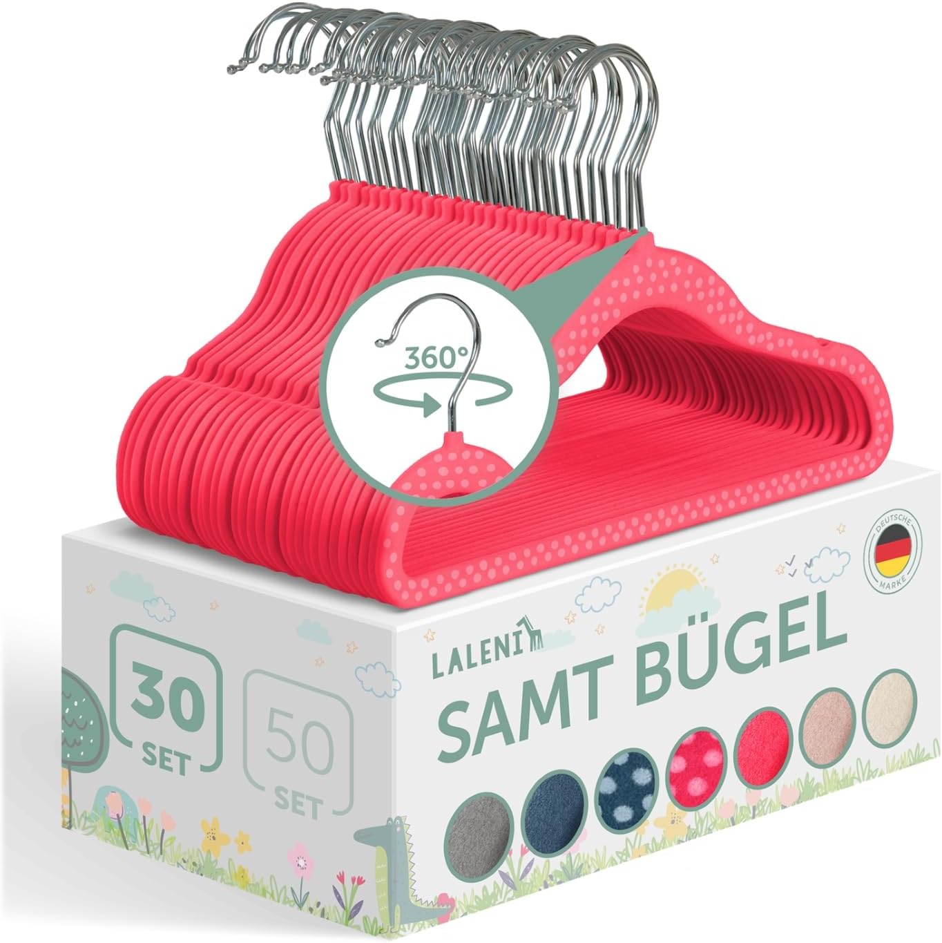 Detalle de Laleni Kinder-Kleiderbügel 30er Set aus Samt – platzsparend, 360° drehbar, rutschfest (rosa mit Punkten)