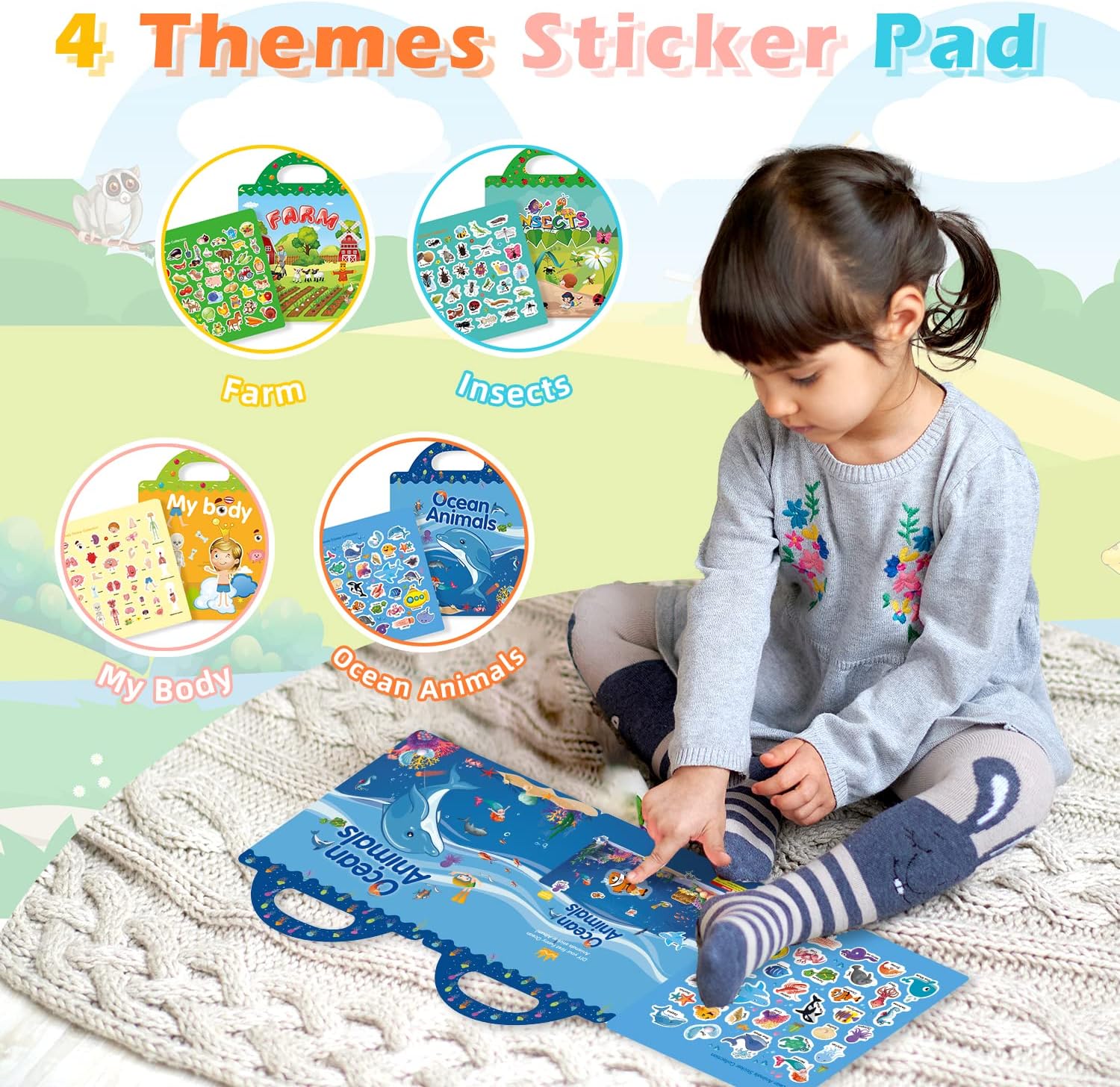 Detalle de GUYUCOM 4 Pack Reusable Sticker Books for Early Learning (Farm, Ocean, Insects, Body) – A UK Kid-Safe DIY Educational Toy