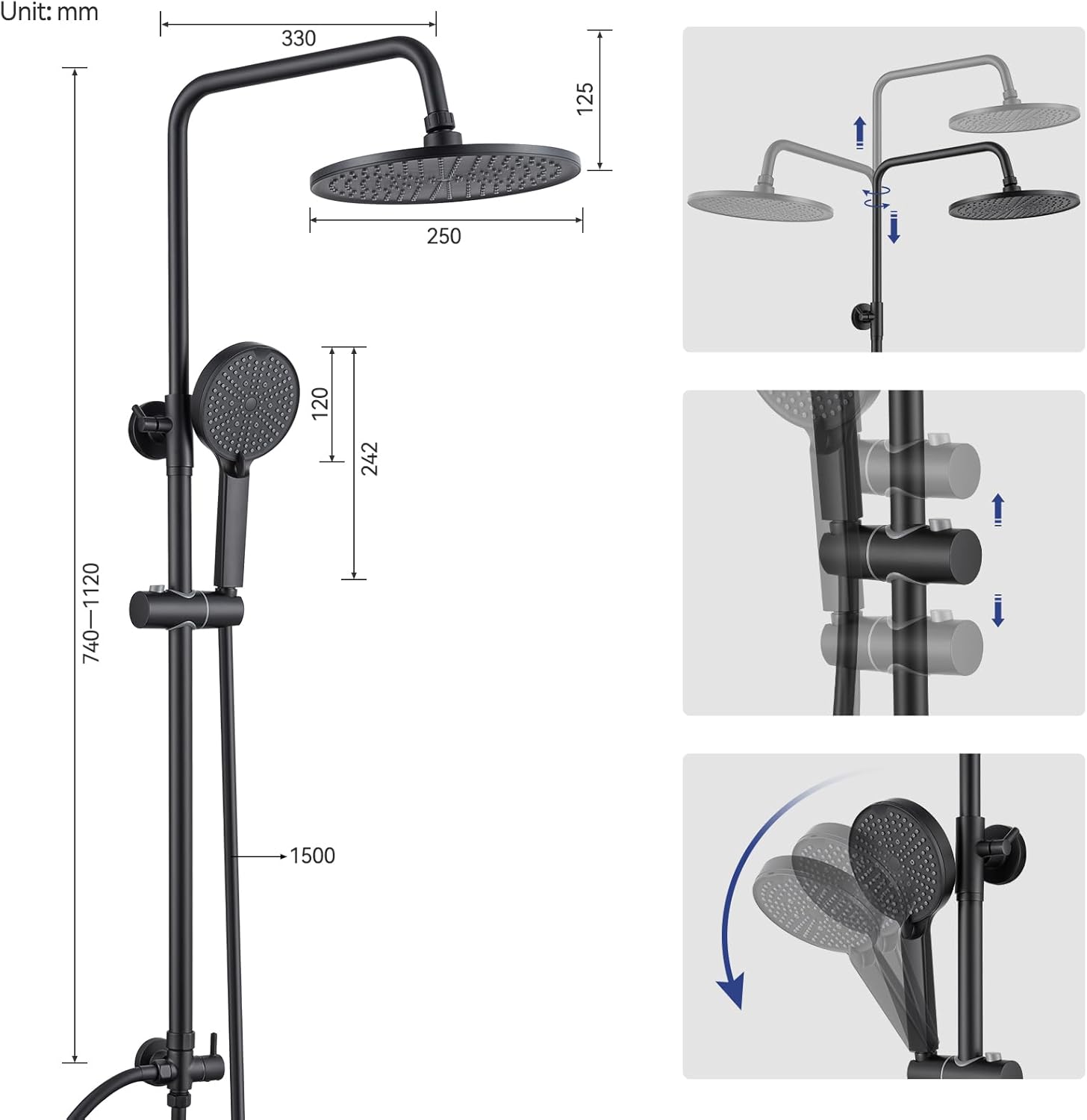 Thumbnail 5 de Auralum Colonna Doccia senza Miscelatore: set doccia con soffione da 25 cm, doccetta 4 getti e asta regolabile in acciaio inox - Nero