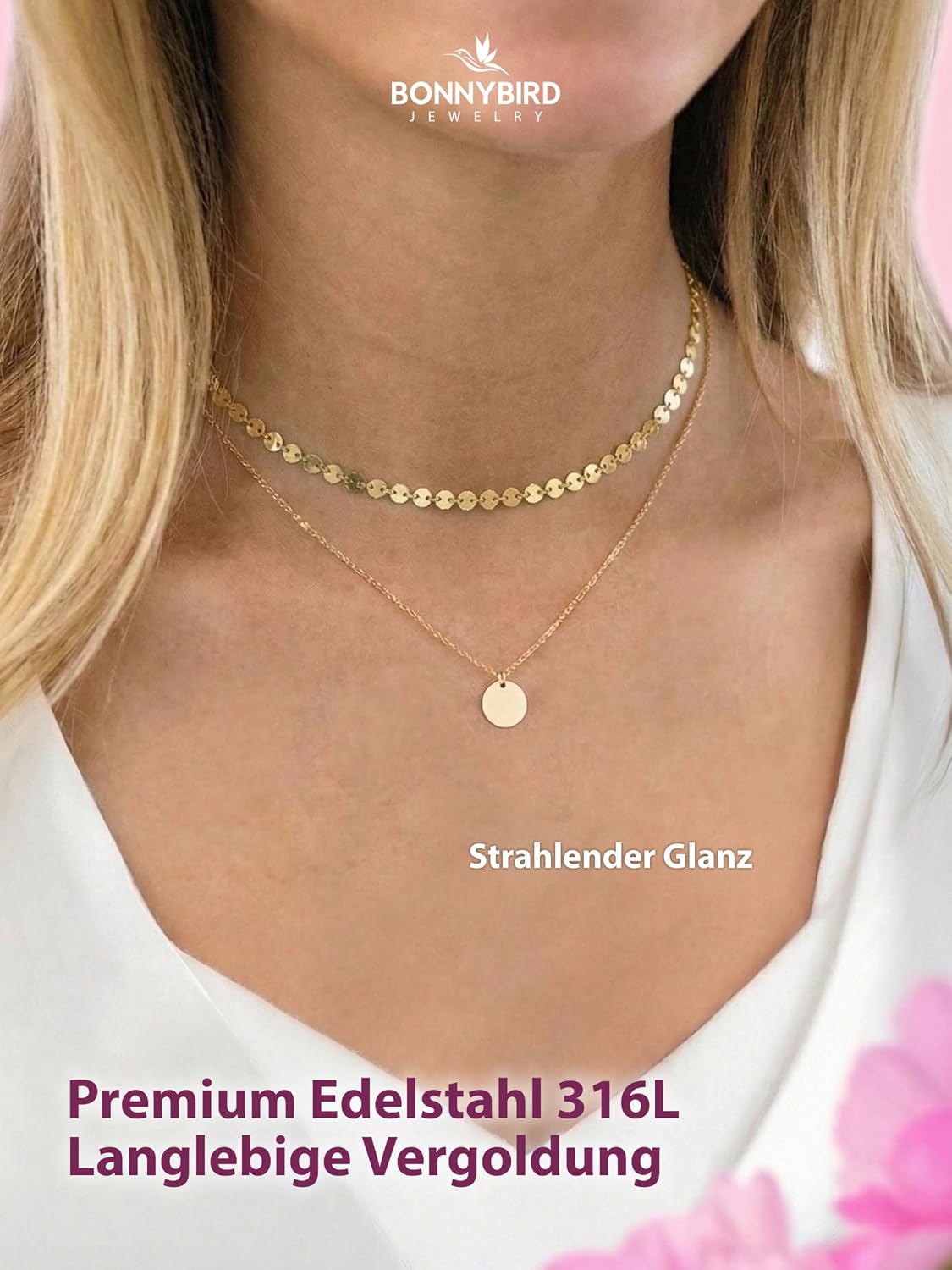 Detalle de BONNYBIRD BonnyBoho wasserfeste Boho-Halskette aus Edelstahl (silber, gold & roségold) – nickelfrei und hautverträglich
