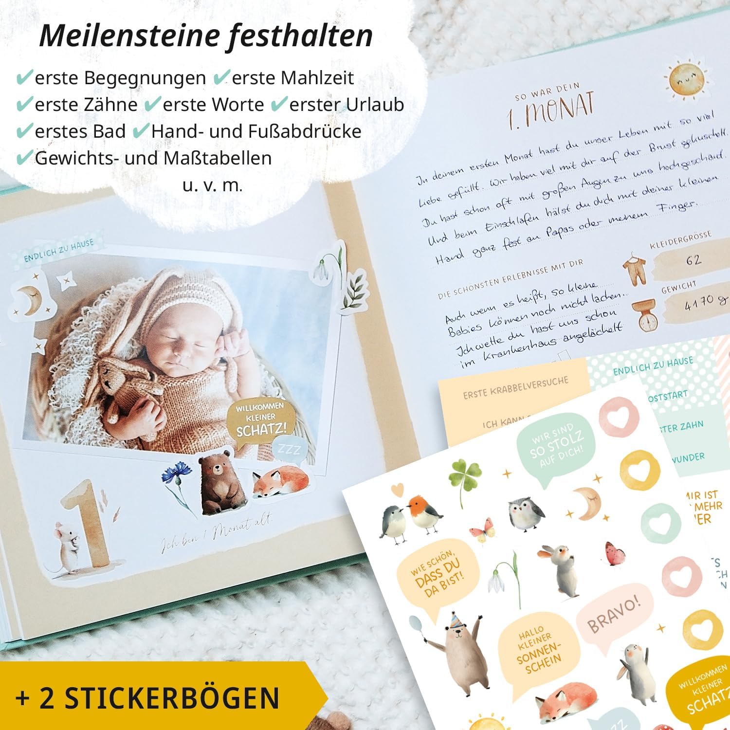 Thumbnail 3 de Mein erstes Jahr Babyalbum | Erinnerungsbuch Baby (Mint) – 80 Seiten, Goldprägung, 21 × 21 cm