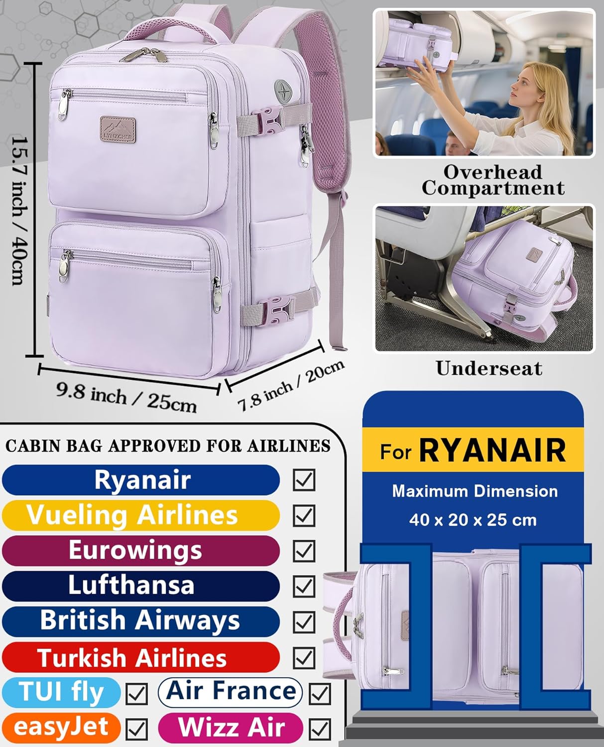 Thumbnail 1 de LYNXCHER Ryanair Cabin Bags 40x20x25 Travel Backpack (20L) - Light Purple, S