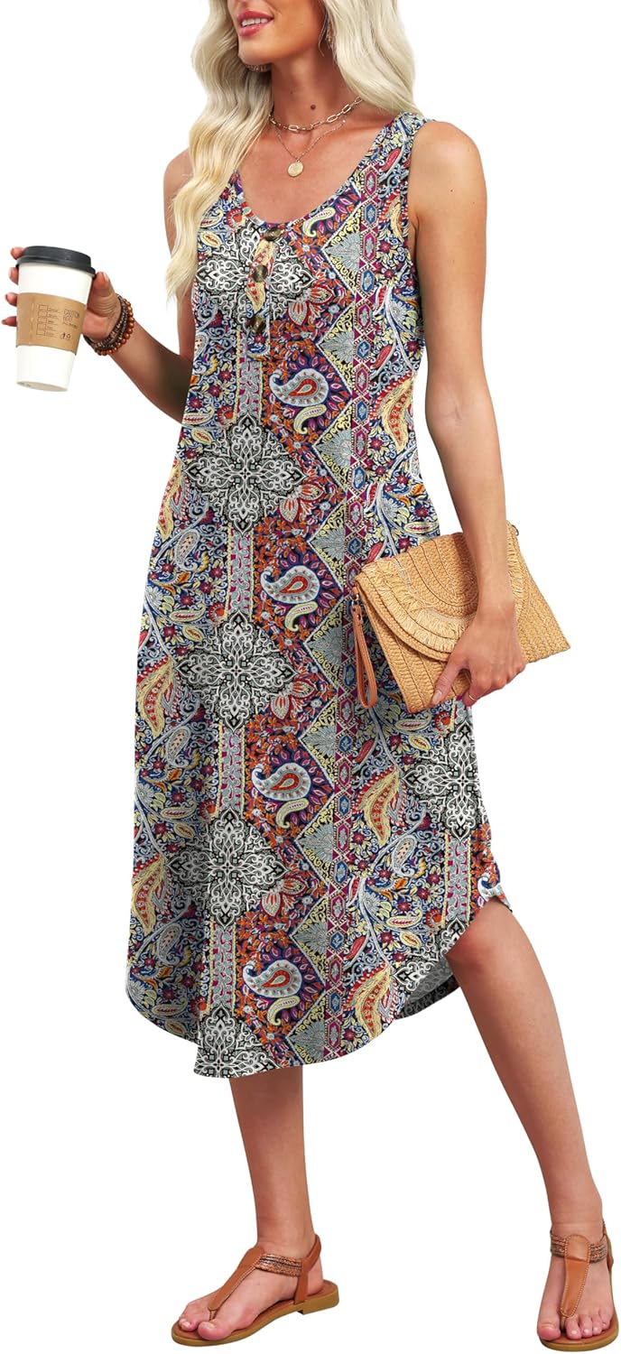 Detalle de WIHOLL Button-Front Sleeveless Summer Midi Dress with Pockets (2026)