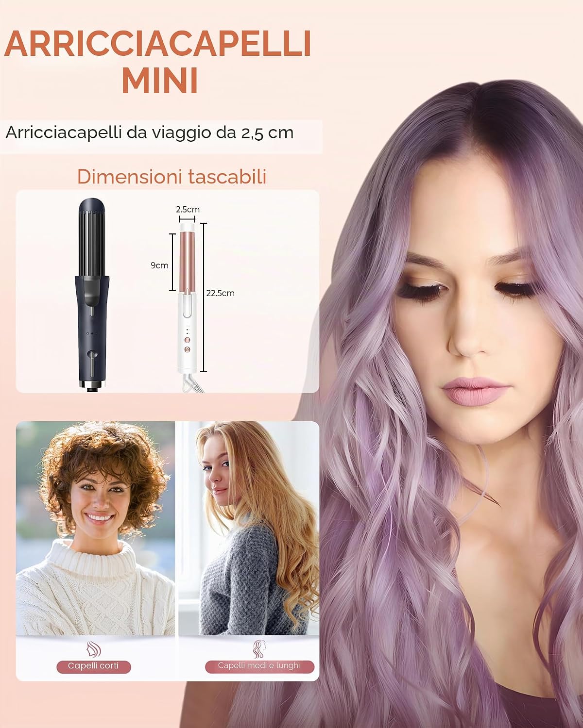 Detalle de Mini Ferro Arricciacapelli 25 mm per Capelli Corti e Medi – Viaggio, 3 Temperature e Doppio Voltaggio