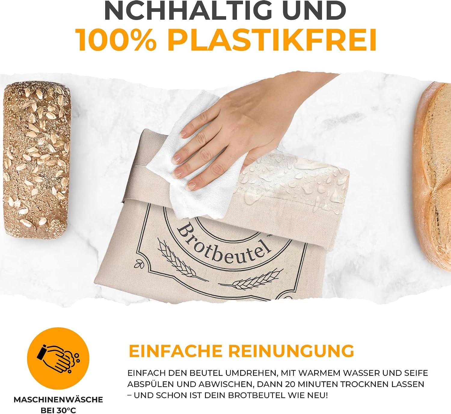 Detalle de AH® Leinen Brotbeutel Set 3er 30x40 cm – atmungsaktiv, ungebleicht, wiederverwendbar