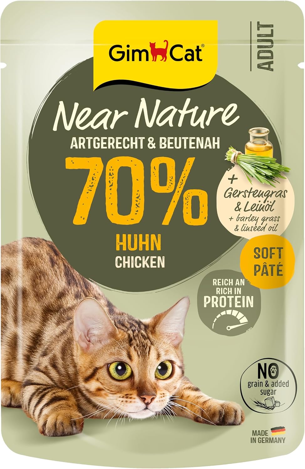 Detalle 2 de GimCat Near Nature Huhn – Getreidefreies Nassfutter für Katzen ab dem 7. Monat, 16 Beutel (16 x 85 g)