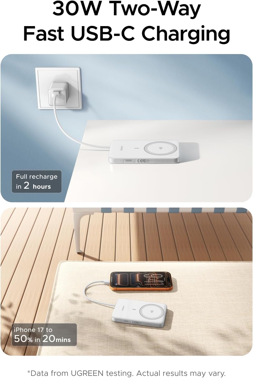 Thumbnail 4 de UGREEN MagFlow Air Qi2 15W Batteria Esterna 10000mAh – ultrasottile, ricarica wireless Qi2 e USB-C 30W (Bianco)