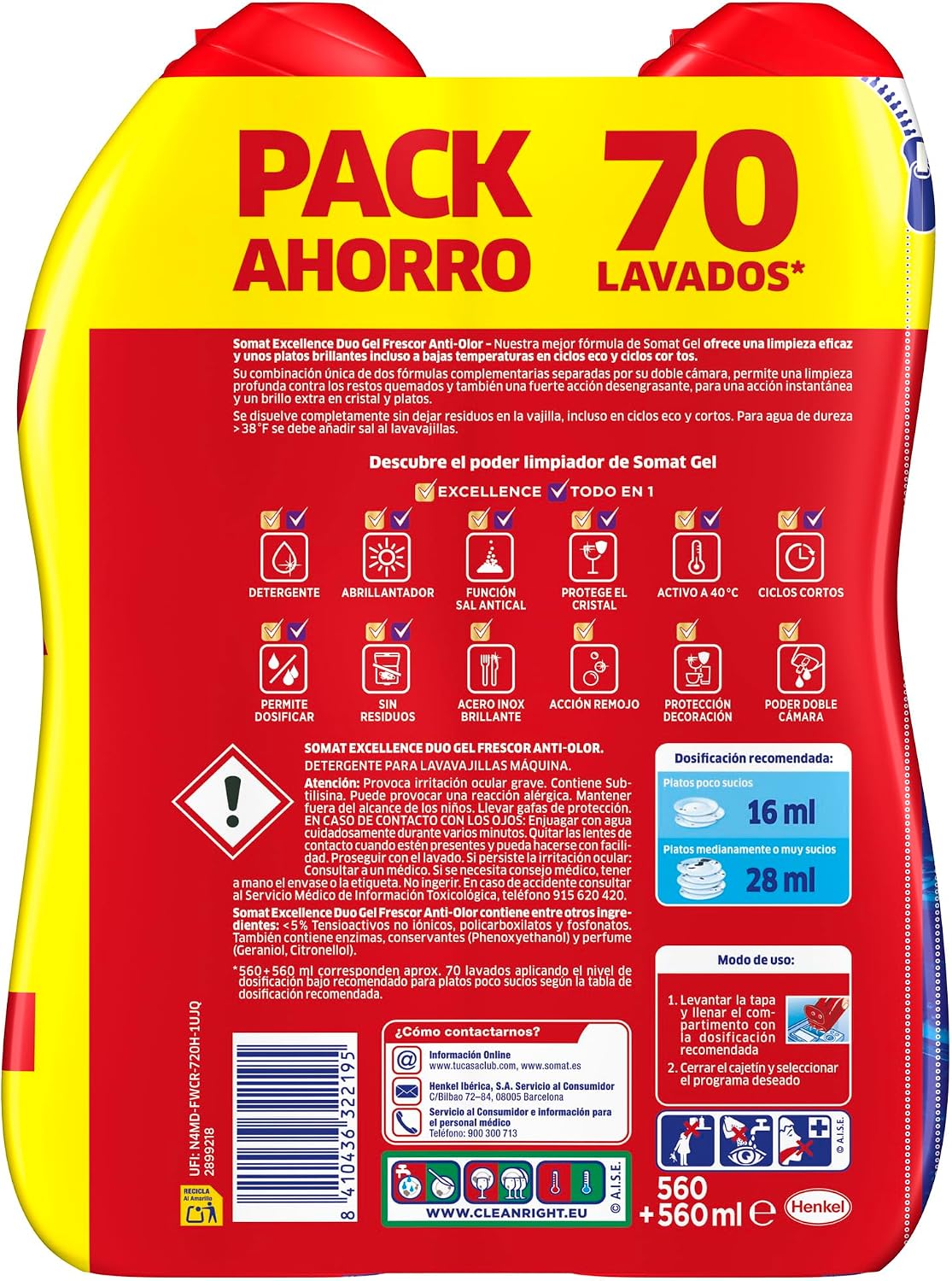 Detalle 2 de Somat Excellence Duo Gel Frescor Anti-Olor (2x560 ml) detergente lavavajillas todo en 1 con vinagre