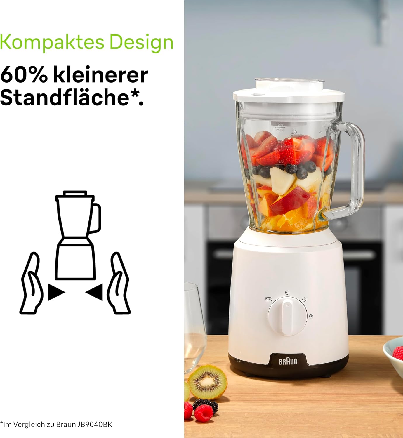 Detalle de Braun PowerBlend 1 JB1050WH – Standmixer mit 1,5 l Glasaufsatz und Ice-Crush