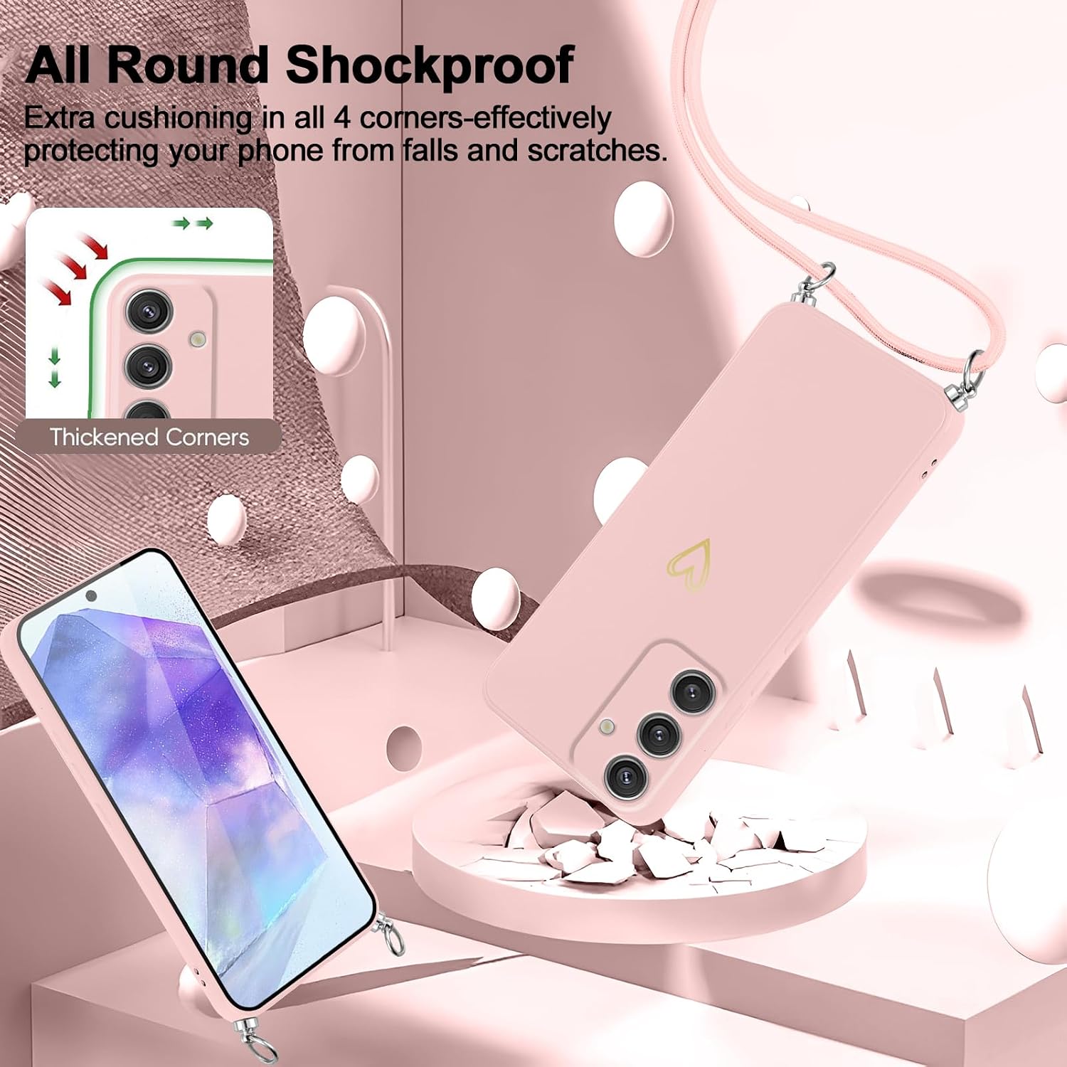 Detalle de Oelrstfe Cover con Cordino per Samsung Galaxy A55 – Custodia silicone morbida con motivo cuore e catenella regolabile