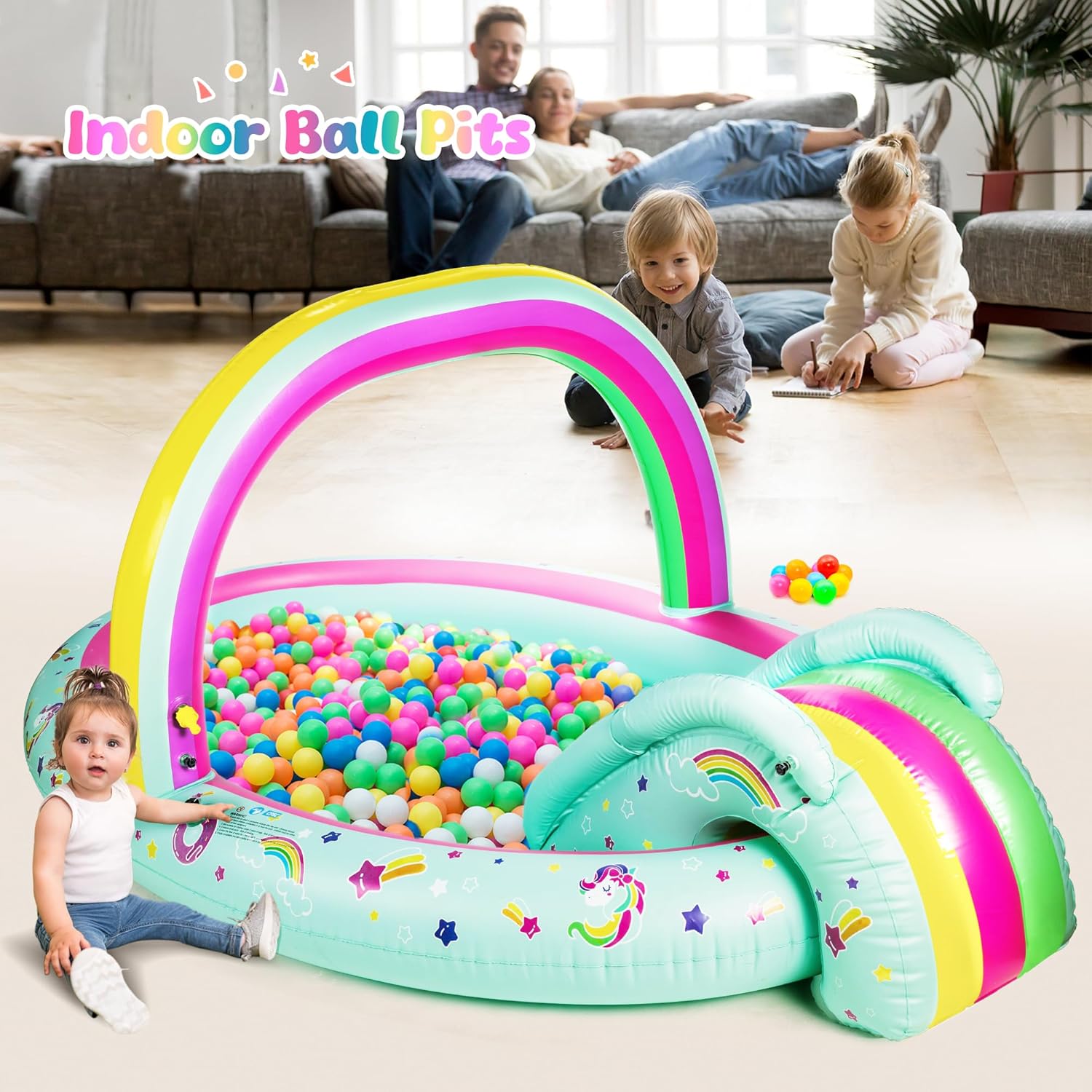 Detalle de SULIFEEL Rainbow Unicorn Inflatable Play Center: 96'' x 59'' x 39'' Kiddie Pool with Slide and Sprinkler