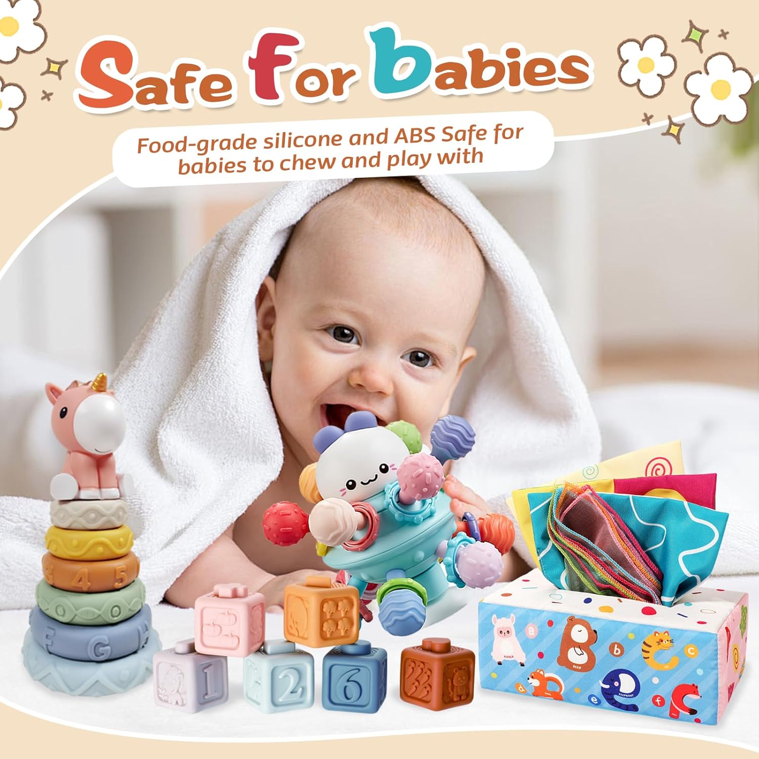 Thumbnail 4 de Almaxi Babyspielzeug 6–12 Monate bis 3 Jahre, 4-in-1 Montessori-Spielset mit Stapel-/Steckspiel, Tücherbox & Beißspielzeug