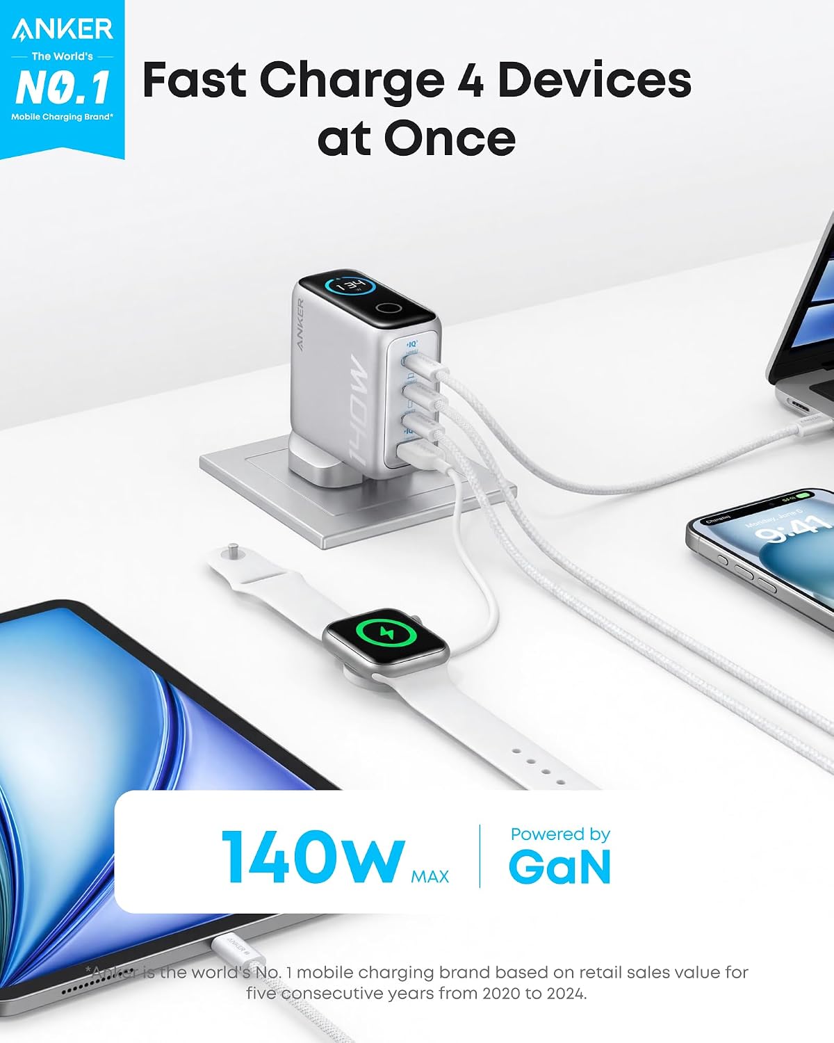 Detalle de Anker 140W USB-C Charger with 4 Ports | GaN Power, Dual USB-C, 18‑month warranty