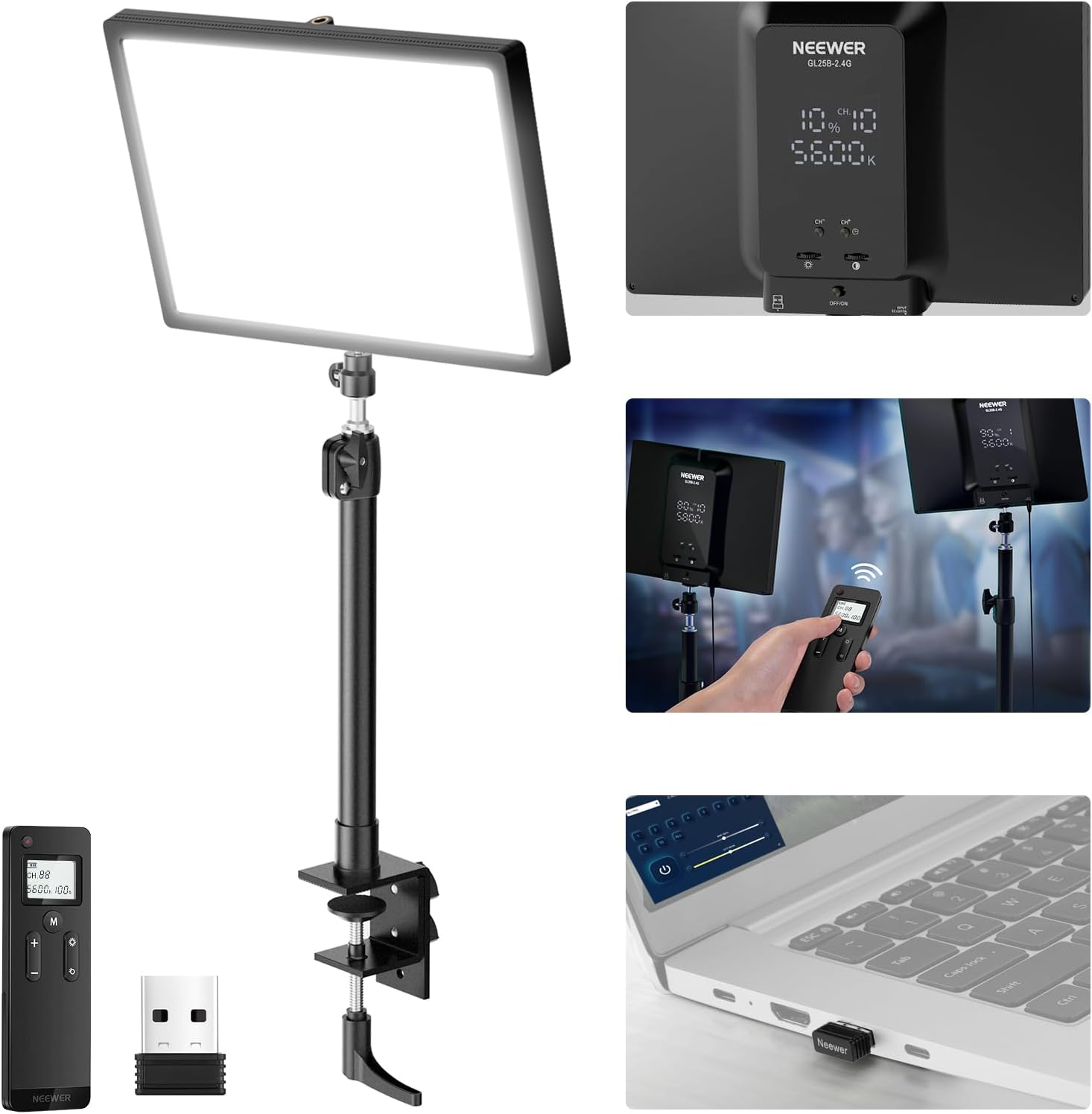 Detalle de NEEWER GL25B 12.9" Streaming Key Light with 2.4G RT100 Remote and App Control