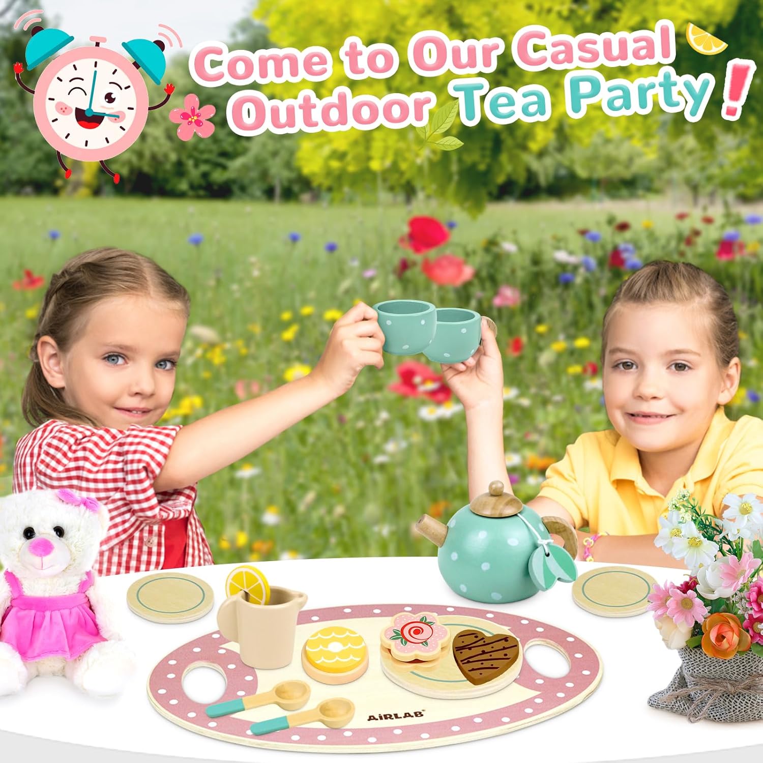 Detalle de Airlab Wooden Tea Set – Afternoon Tea Party Set for Toddlers (pretend play kitchen accessories)