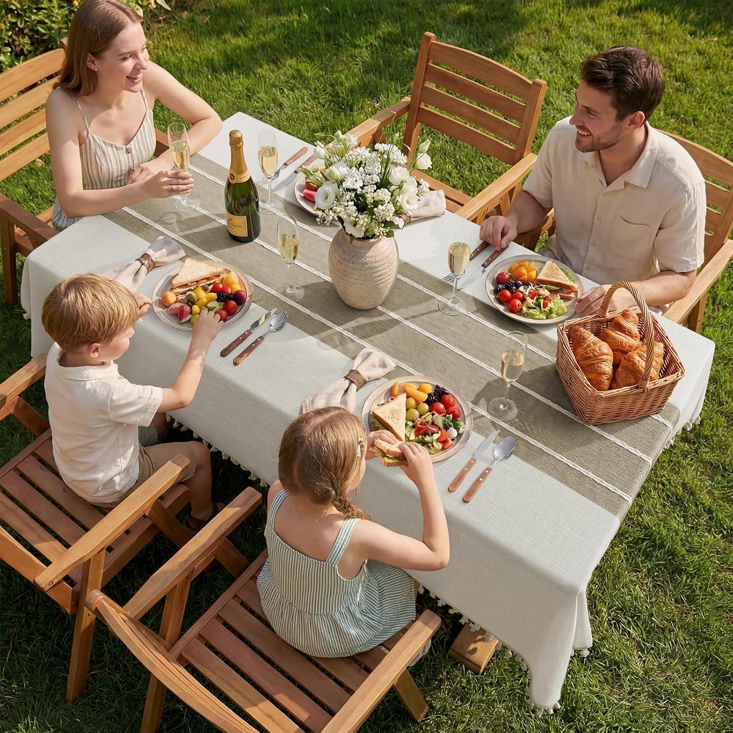 Thumbnail 1 de Softalker Outdoor Tablecloth Rectangle (Waterproof Linen Cotton) with Tassels, 55 x 70 Inch — Coffee Lines