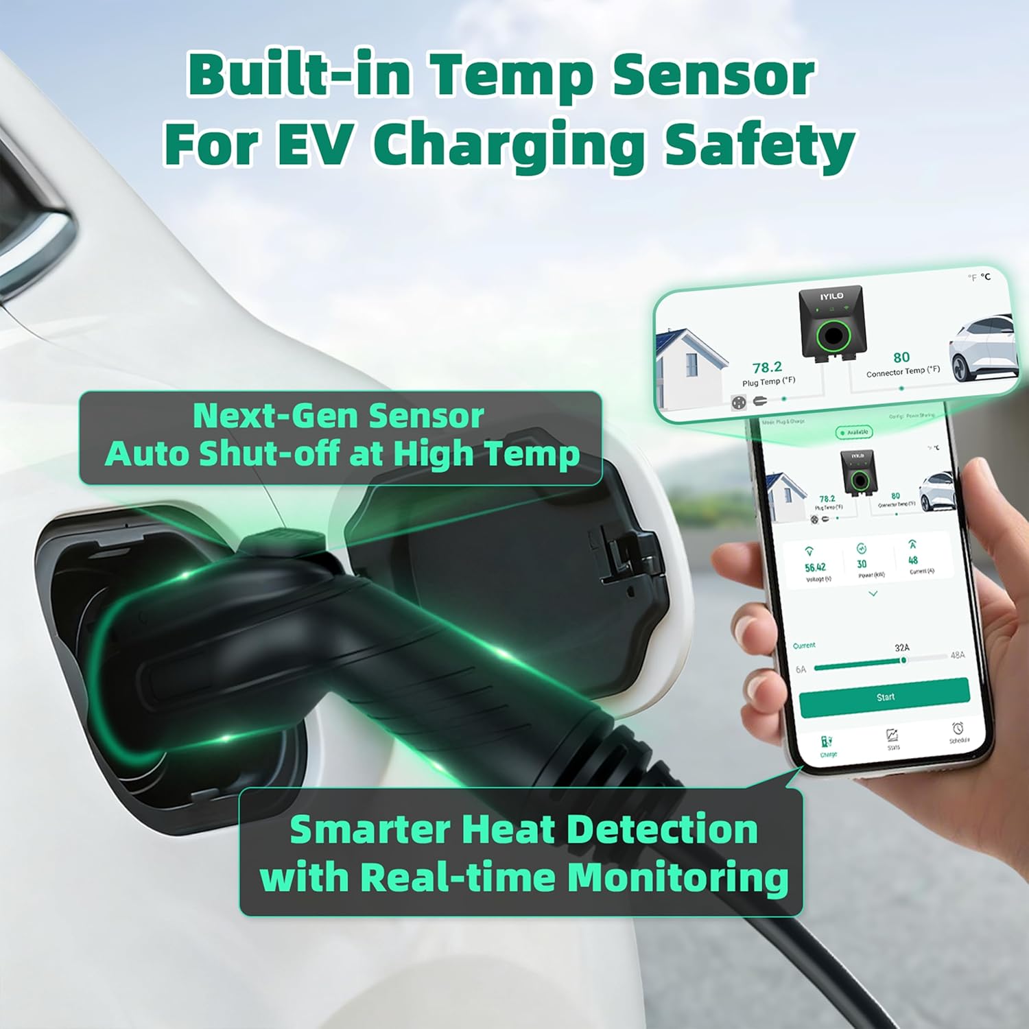 Thumbnail 5 de IYILO Level 2 EV Charger, 40-48A (11.5 kW) with Dual Temp Sensors, Wi‑Fi 2.4 GHz, RFID & App Control