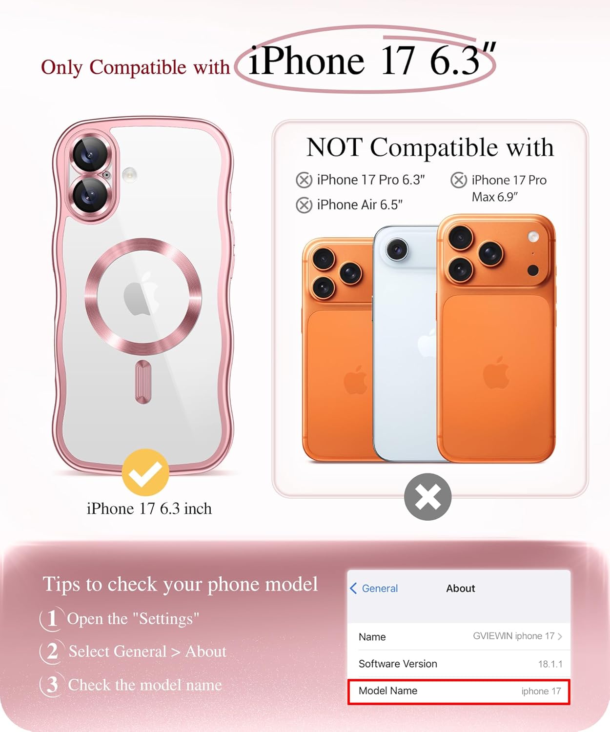 Thumbnail 1 de GVIEWIN iPhone 17 Hülle 6,3" (2025) – klar/rosa, magnetisch mit MagSafe-Support, Kameraschutz & stoßfest