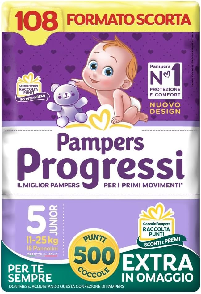 Detalle de Pampers Progressi Junior Taglia 5 (11-25 kg) – Scorta da 108 pannolini + 500 Punti Omaggio, con Indicare di Bagnato e Linguette Rinforzate