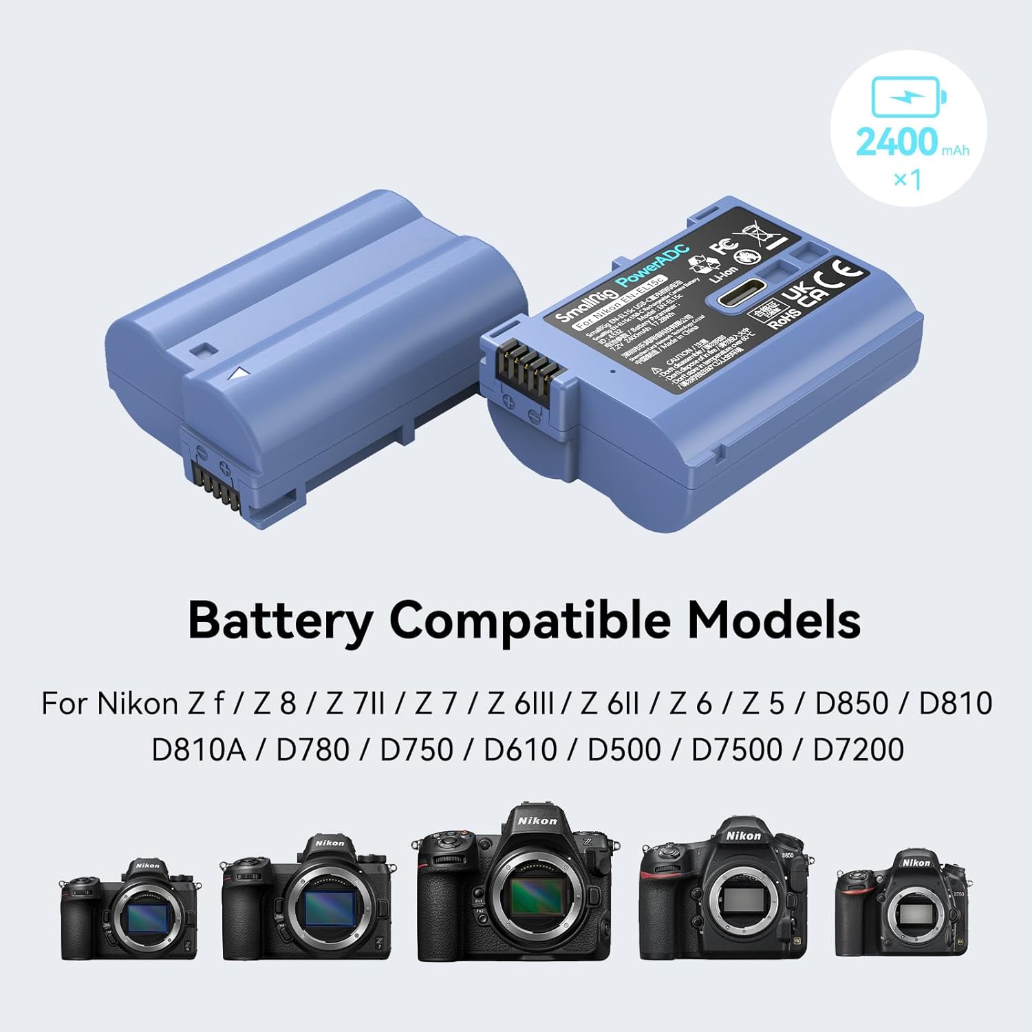 Thumbnail 3 de Batterie SMALLRIG EN-EL15C 2400 mAh avec charge rapide USB-C pour appareils Nikon (Z8, Z7 II, Z6 II, Z5, D780…)