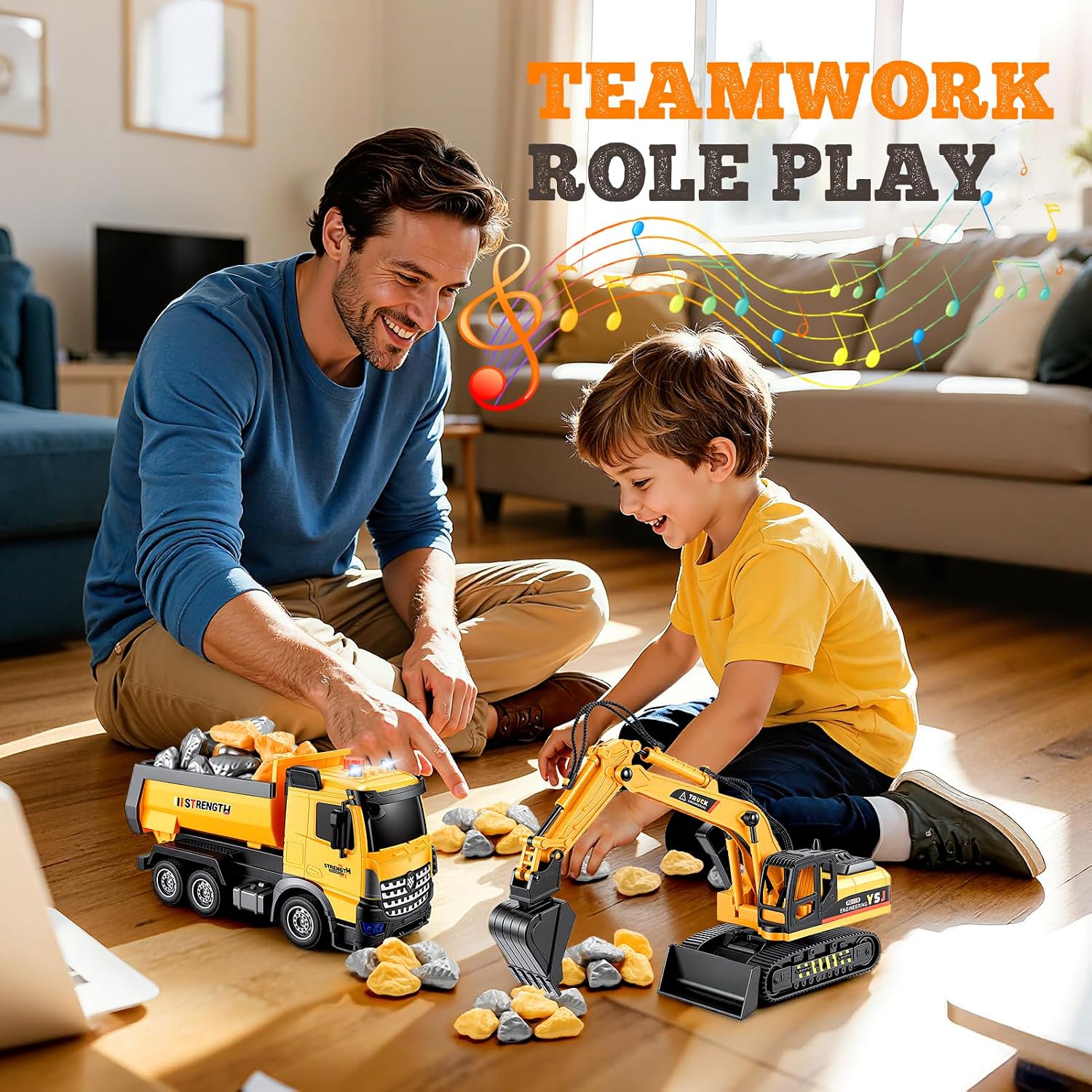 Detalle de EUTOYZ construction toy car set with excavator and dump truck (with music & lights) for ages 2–7