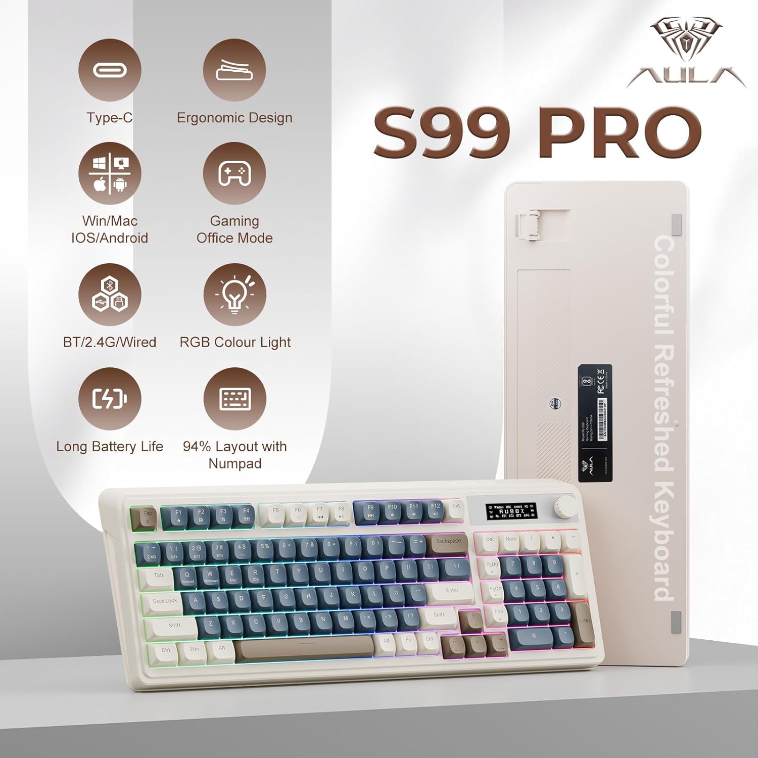 Detalle 2 de AULA S99 Pro Wireless Keyboard: 3-Mode Connectivity, Macro Customization, and RGB Backlit Typewriter Style