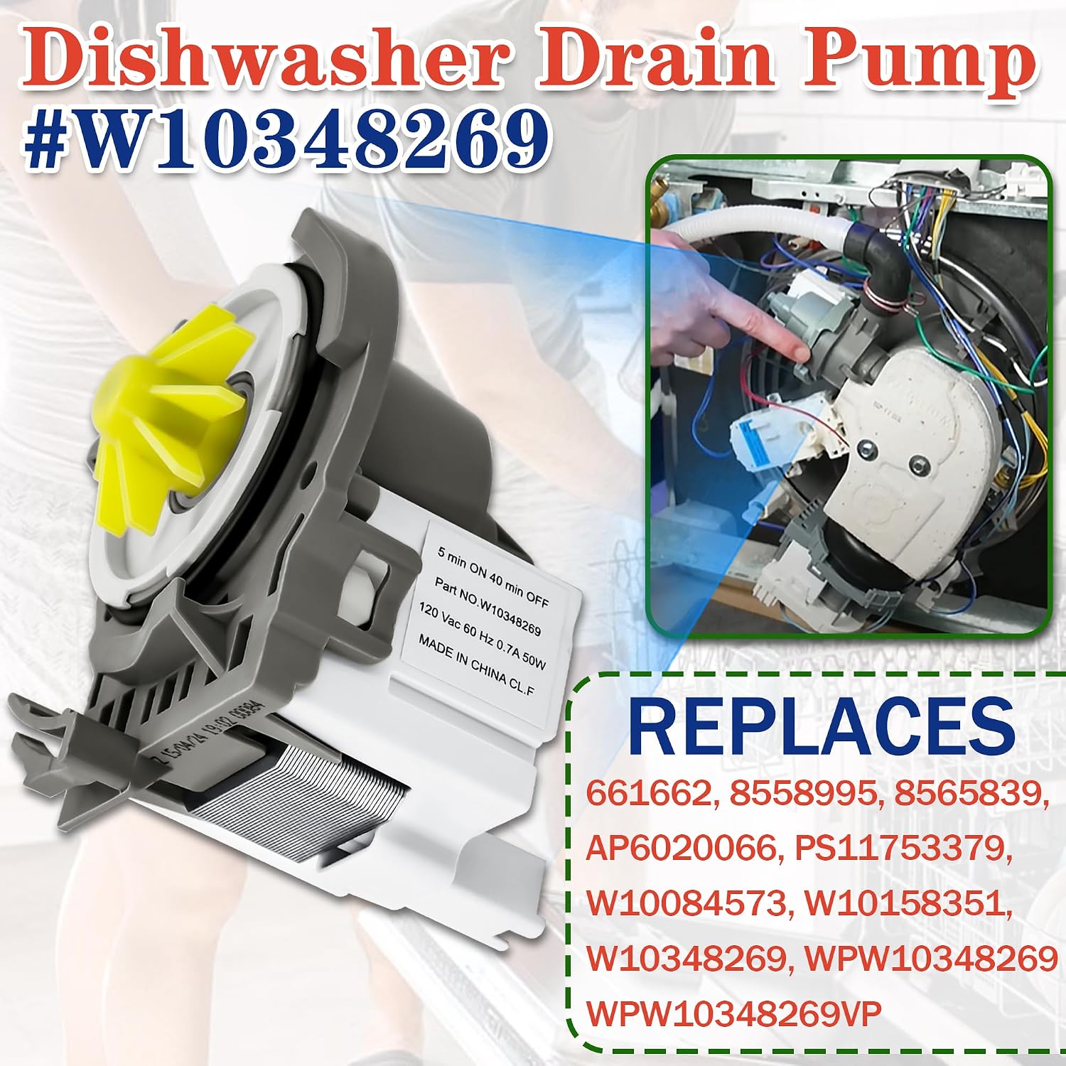 Detalle de Bakaoof Dishwasher Drain Pump, 120VAC 45W for Select KitchenAid Models
