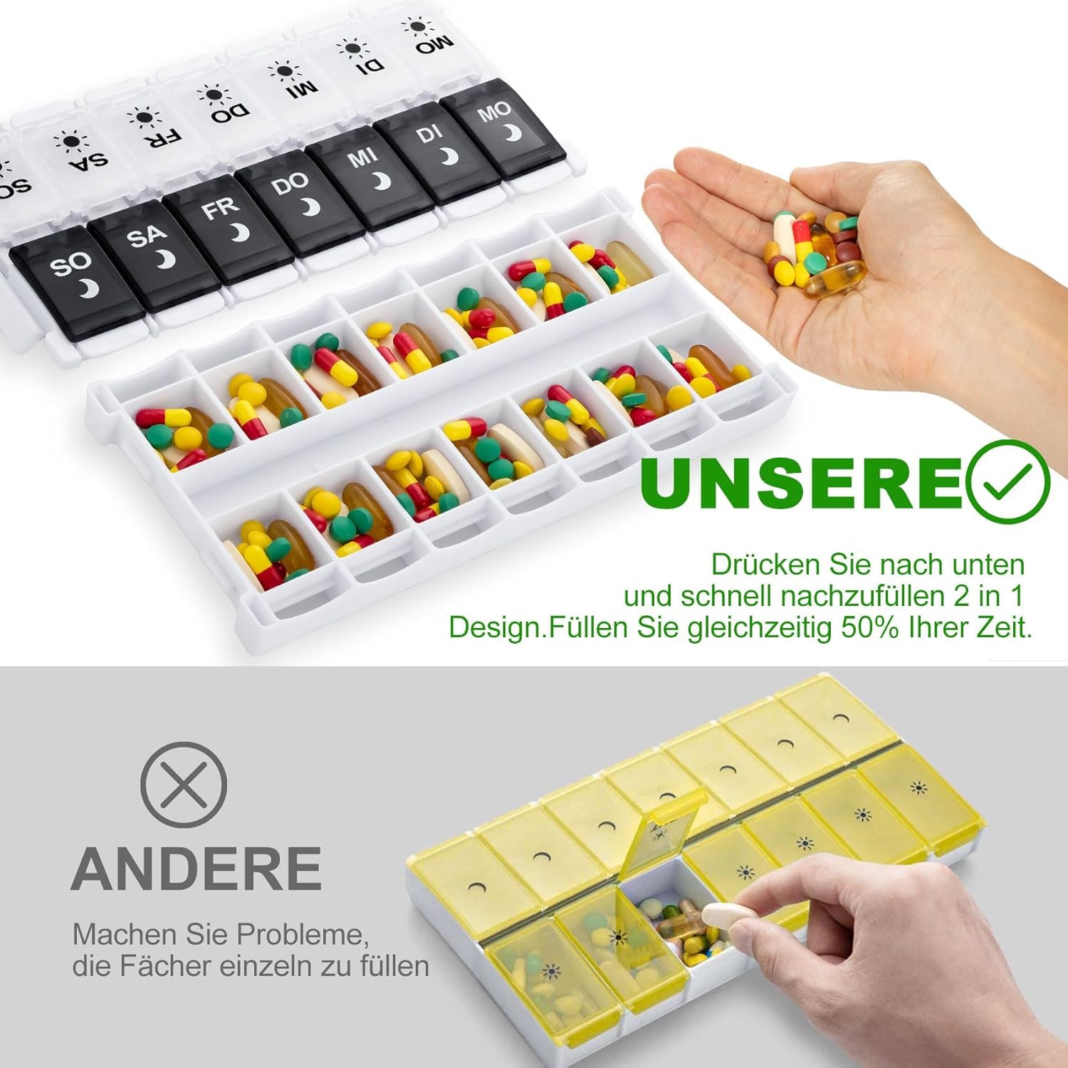 Detalle 2 de Tablettenbox 7 Tage mit 14 Fächern (2 pro Tag) für morgens/abends – Druckknopf-Design, BPA-frei
