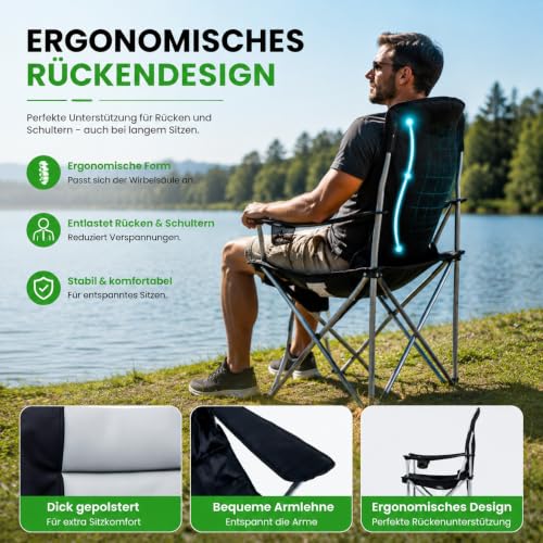 Detalle de Obqer Campingstuhl Faltbar Gepolstert Heavy Duty bis 180 kg mit USB-Heizung, Getränkehalter und Tragetasche