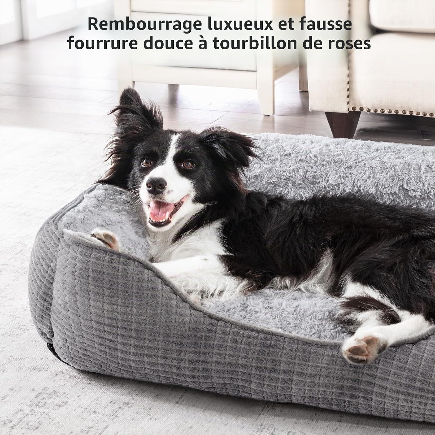 Detalle de JOEJOY Panier Chien Moyen – Lit pour chien doux et antidérapant, gris 76x61x23 cm