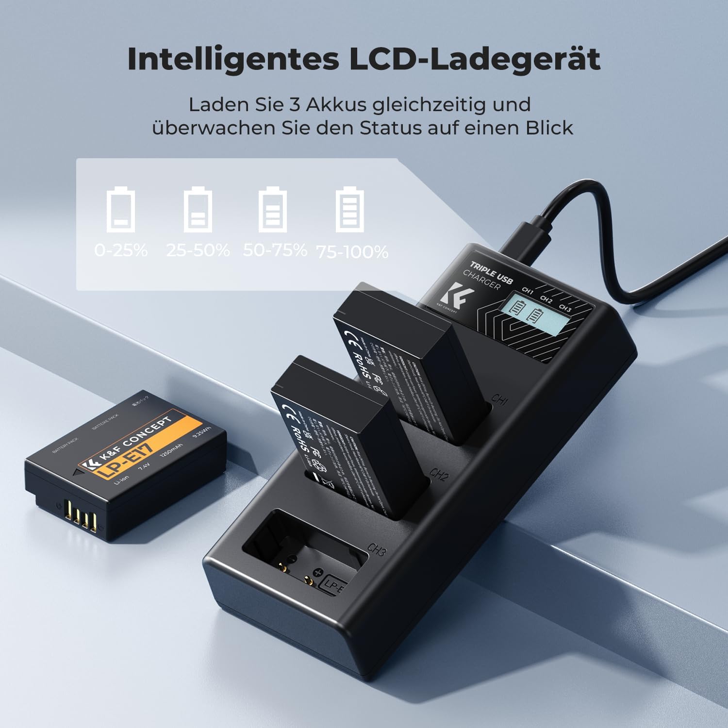 Thumbnail 5 de K&F CONCEPT 3er-Set LP-E17 1.250 mAh Akku + 3-Schacht-Ladegerät mit LCD (für Canon EOS)