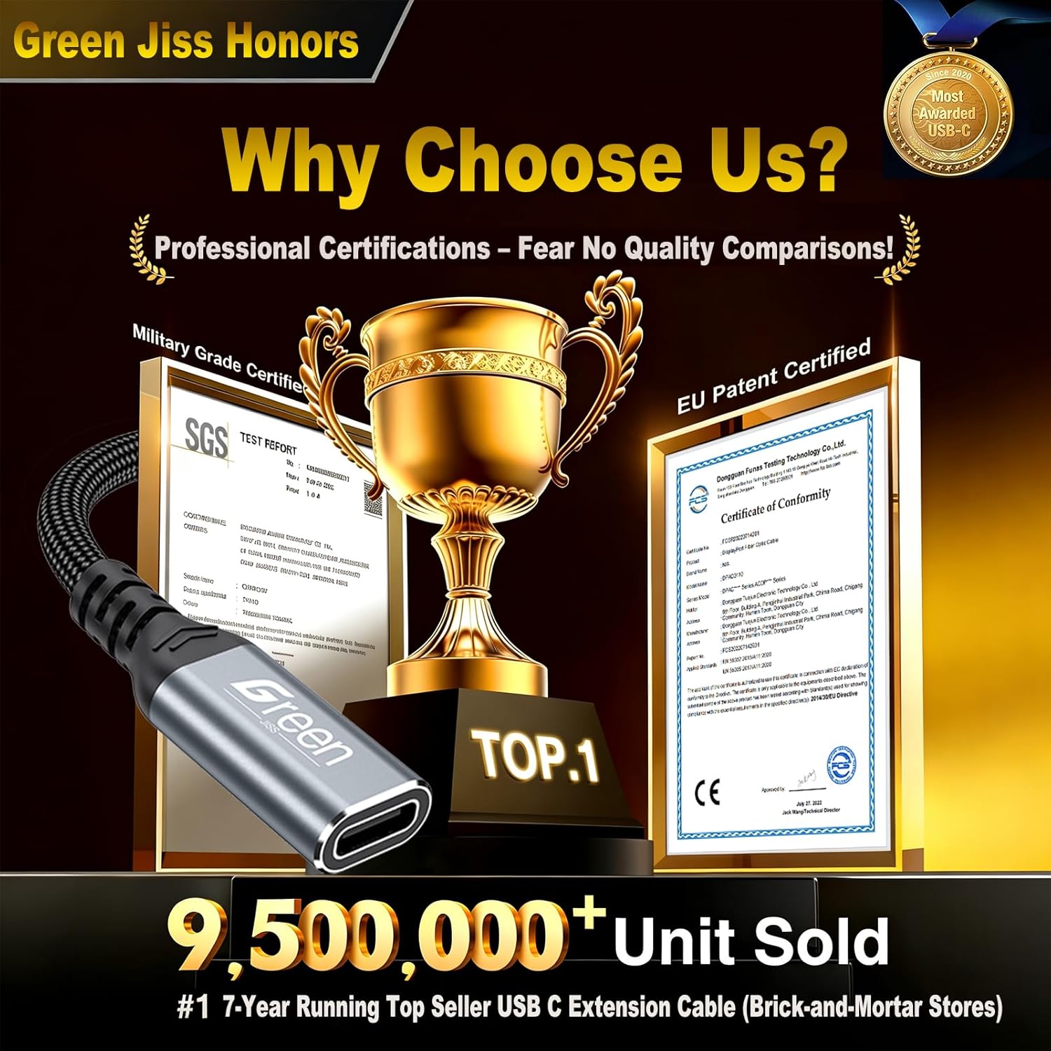 Thumbnail 1 de Green Jiss USB-C Extension Cable 10ft (20Gbps, 4K@60Hz, 240W PD) — Male to Female USB3.2 Gen2 Extender