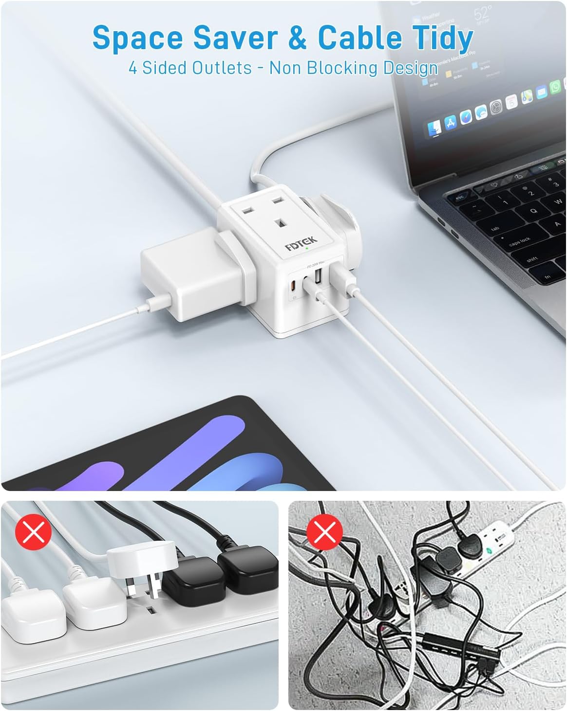 Detalle 2 de FDTEK PD20W Extension Lead with USB Slots: 7-in-1 Mini Cube for Home, Office, and Travel