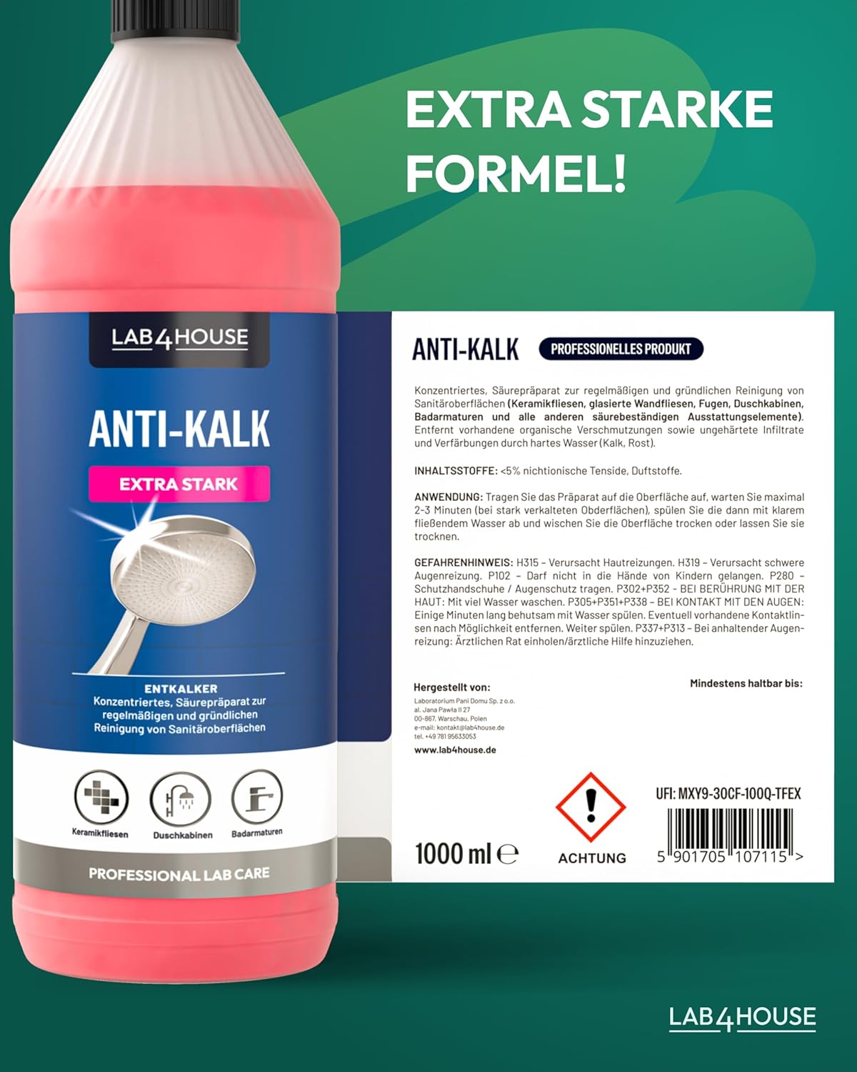 Thumbnail 6 de Lab4House Anti-Kalk Spray 1000 ml – Profi-Entkalker gegen Kalk, Rost & Urinstein für Bad und Küche