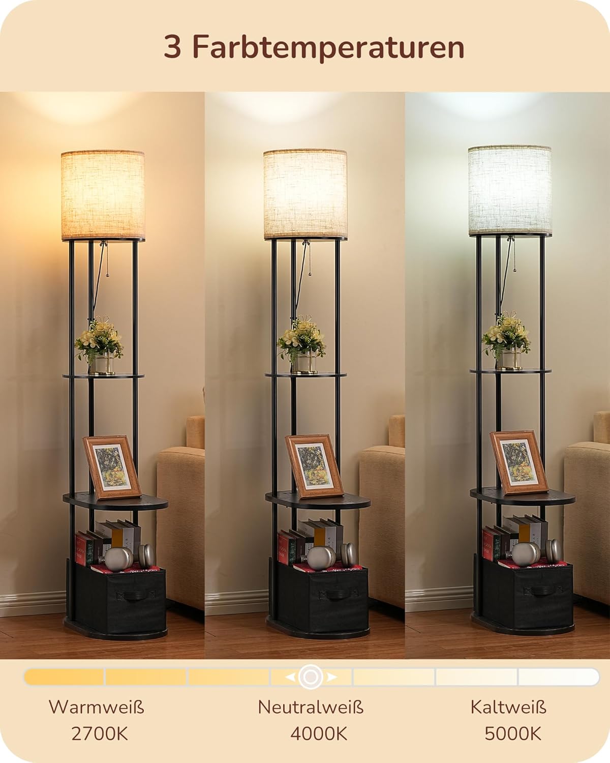 Thumbnail 1 de EDISHINE Stehlampe Wohnzimmer mit Regal und Aufbewahrungskorb – 165 cm, USB-Ladefunktion, 3 Farbtemperaturen