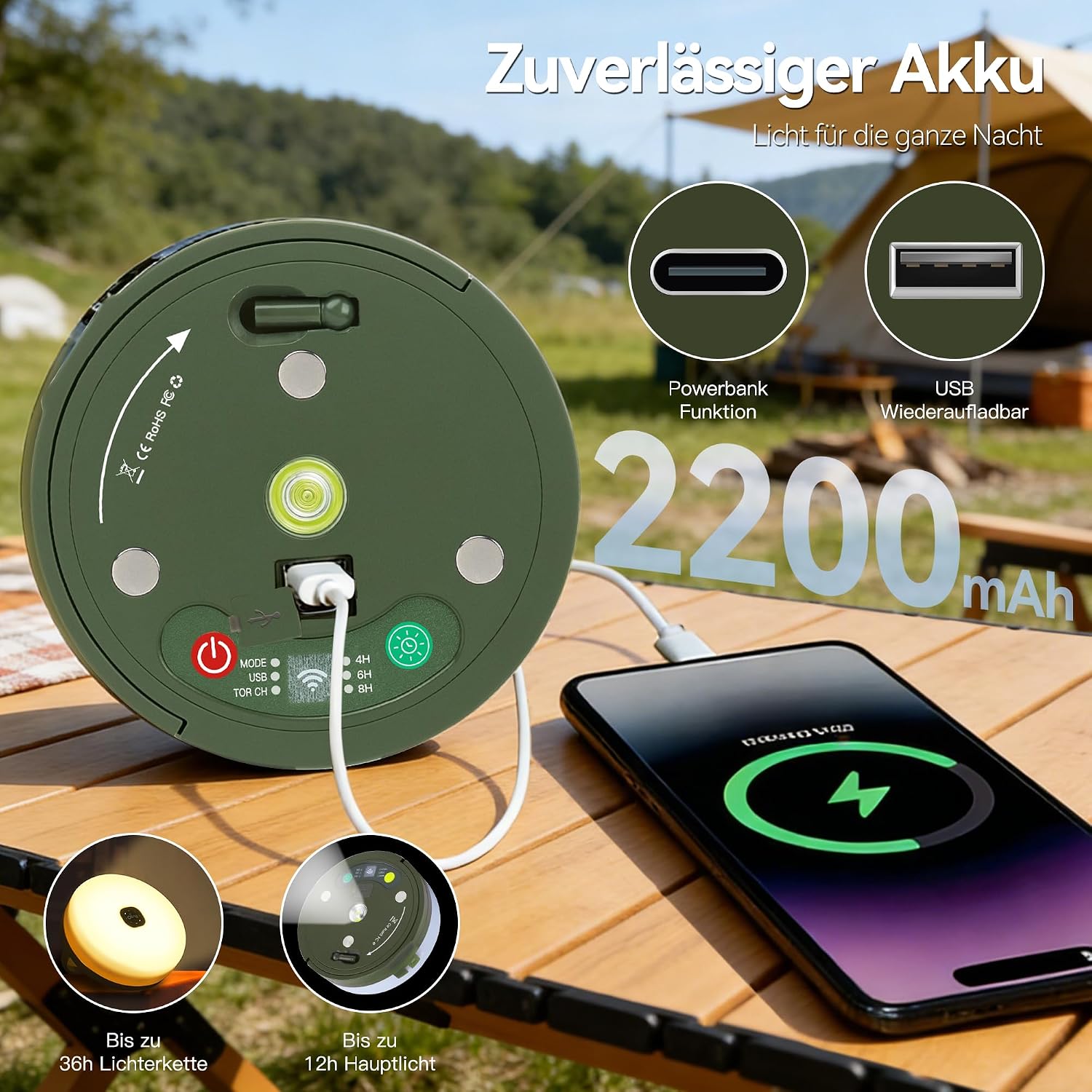 Detalle 2 de Hopexy Camping Lichterkette Aufrollbar 10M LED – 4-in-1 Campinglampe mit Powerbank