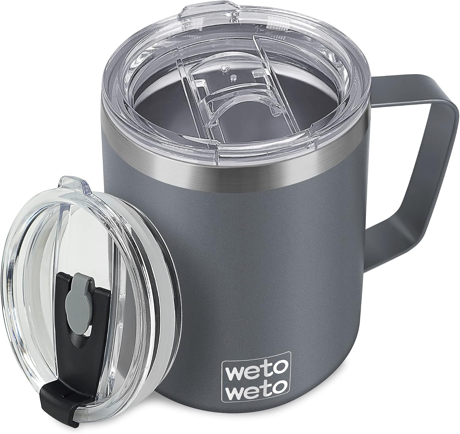 Detalle de WETOWETO 14 oz Insulated Vacuum Coffee Mug with Handle, Double-Wall Stainless Steel Tumbler (Gray) + Two BPA-Free Lids