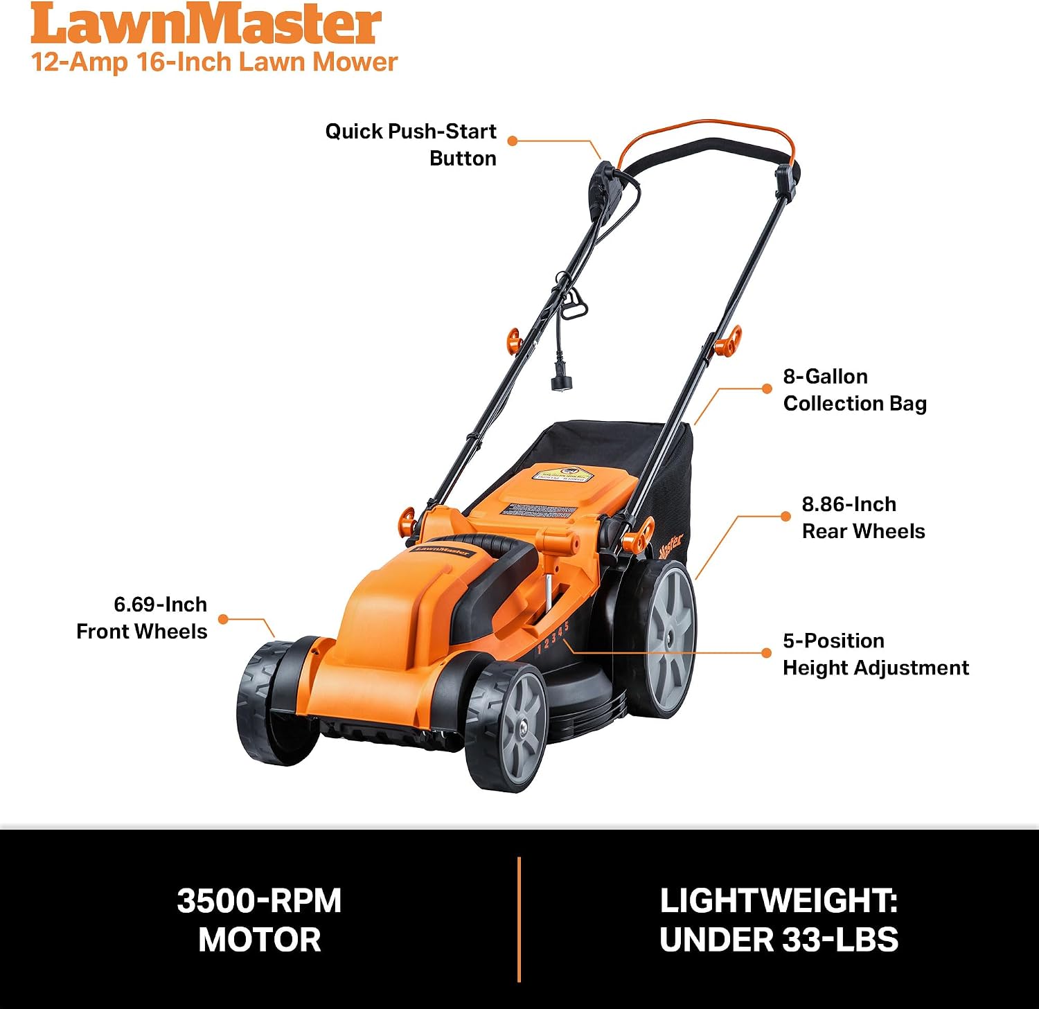 Detalle 2 de LawnMaster MEB1216K 16-Inch Corded Electric Lawn Mower, 12-Amp Motor