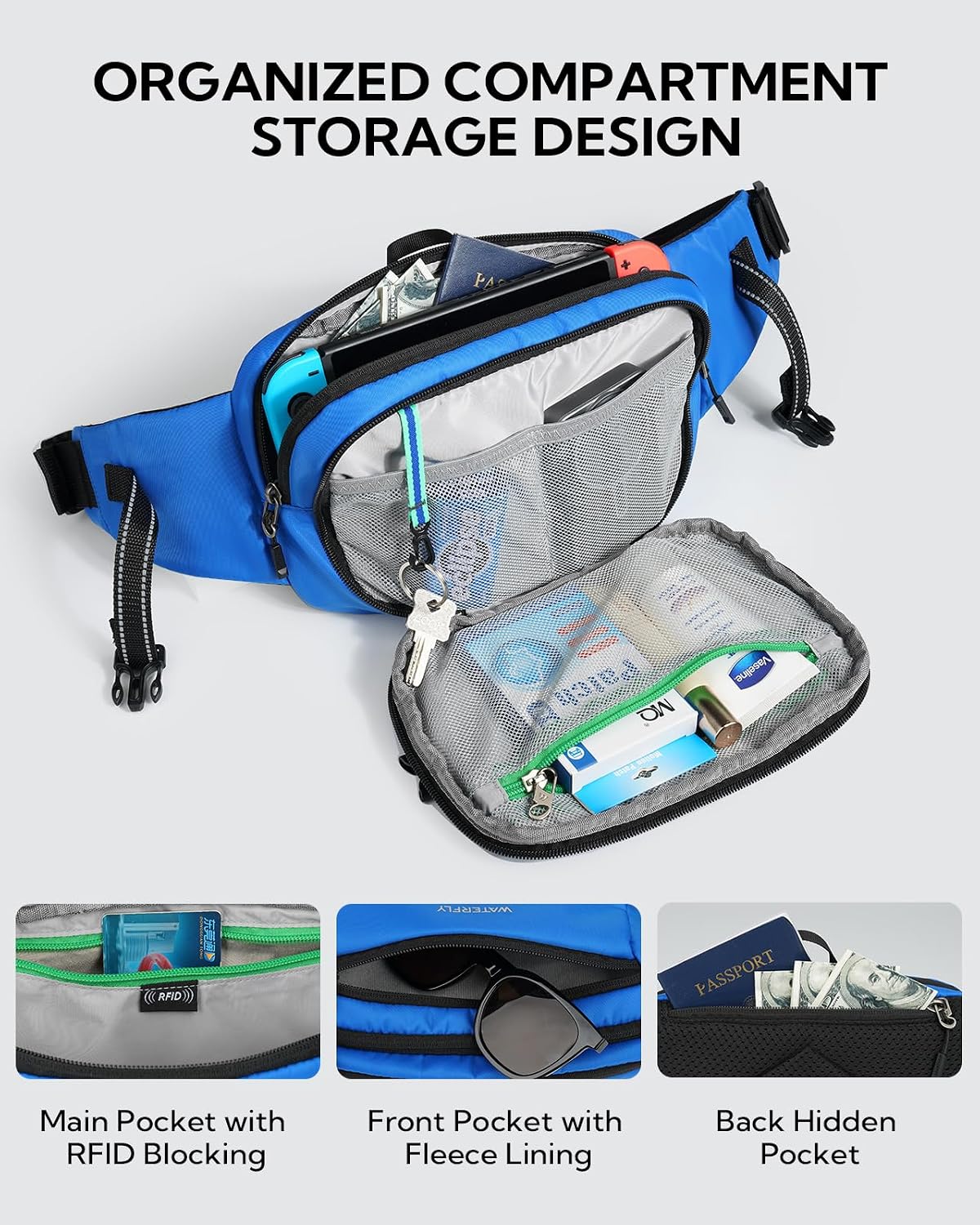 Detalle de Waterfly 3L Large Bum Bag with RFID Blocking: a practical, versatile waist pack for travel and everyday adventures