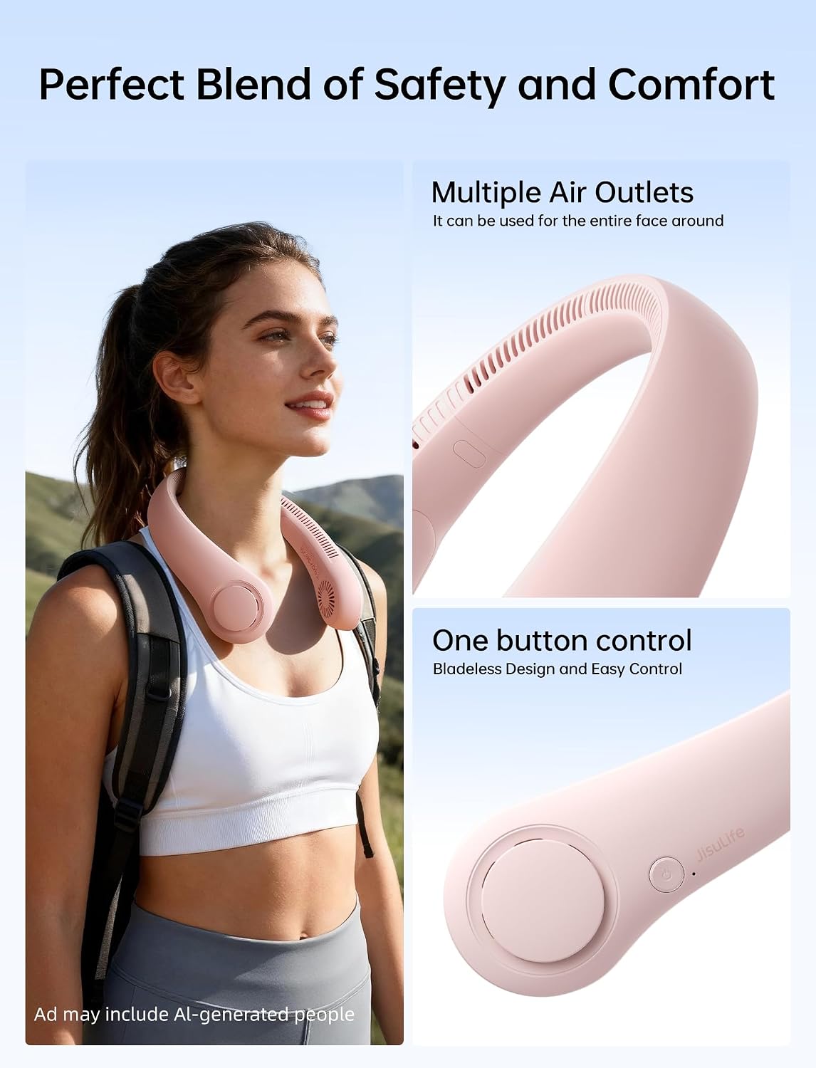 Detalle de JISULIFE Portable Neck Fan (Pink) — Hands-Free, Bladeless Personal Fan with 5 Speeds and 4000 mAh Battery