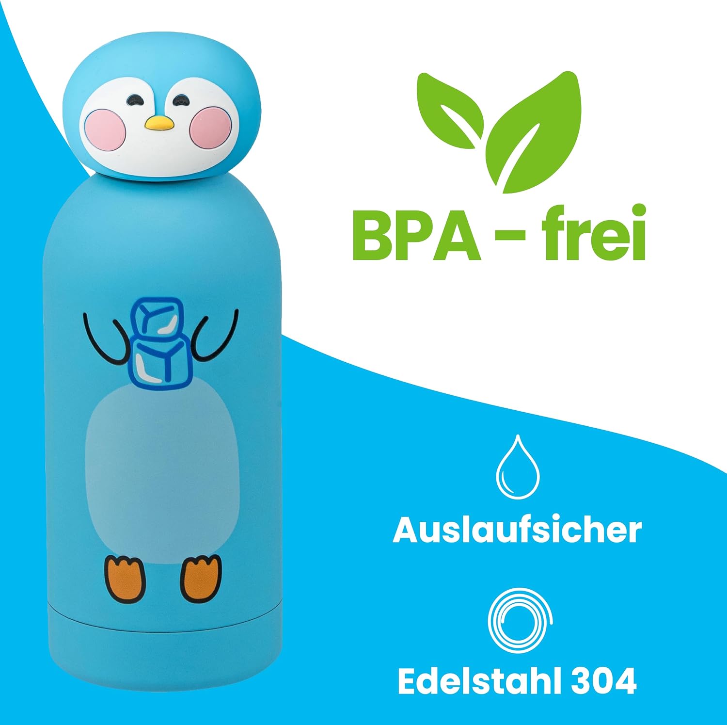 Thumbnail 4 de Cartomania Trinkflasche aus Edelstahl (350 ml) mit Silikondeckel – türkis mit Pinguin