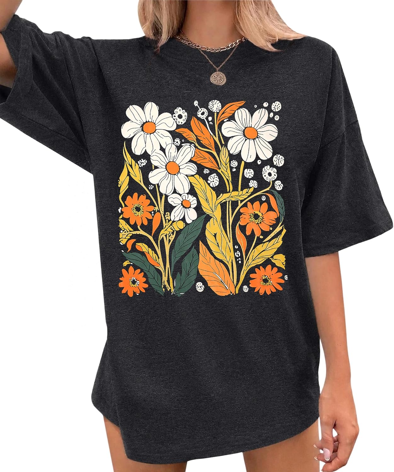 Detalle 2 de UNIQUEONE Oversized Floral Graphic T-Shirt for Women, Cotton Blend