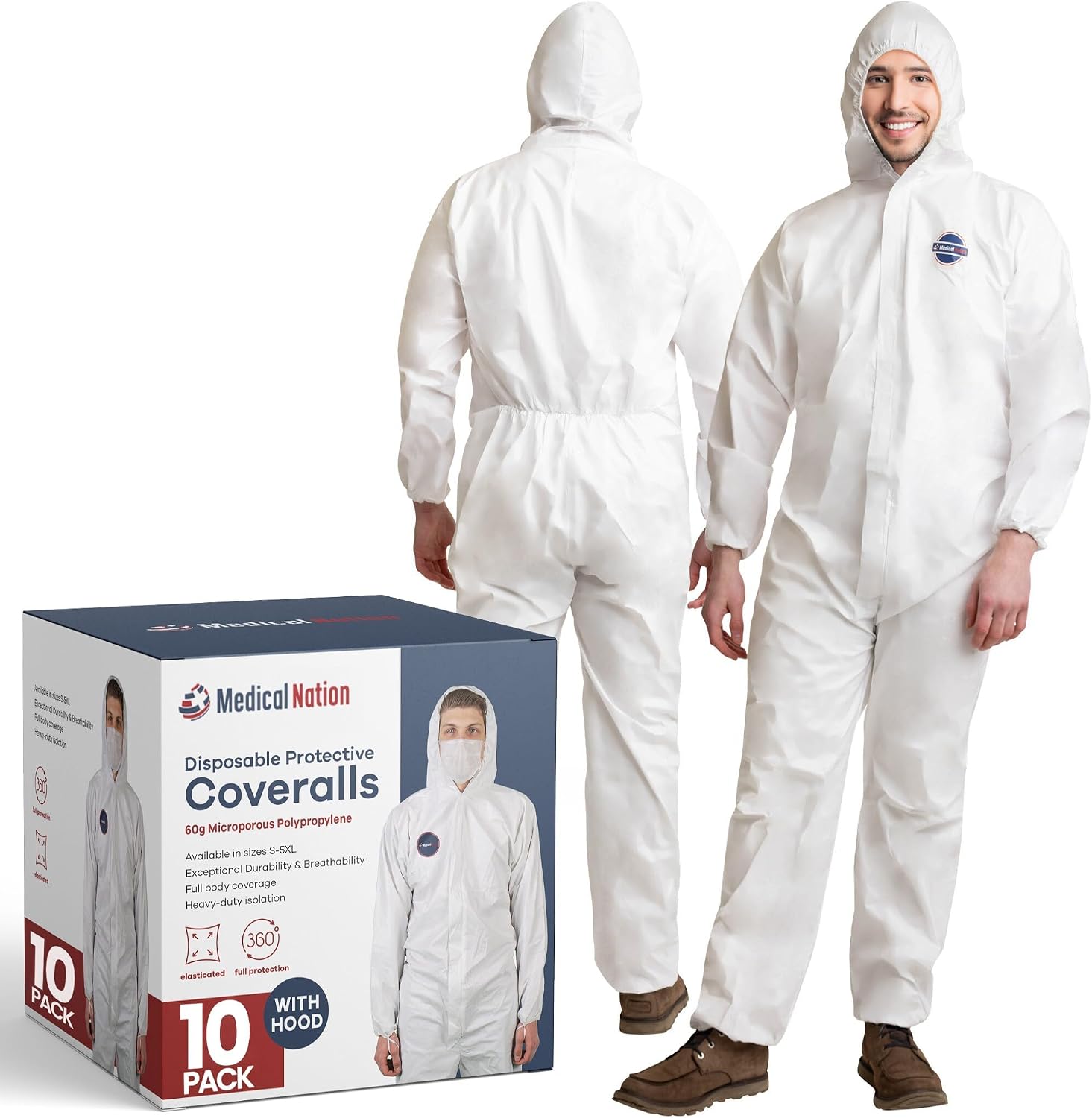 Detalle de Medical Nation Disposable Hooded Coveralls, Waterproof, Breathable, 1 or 10 Pack
