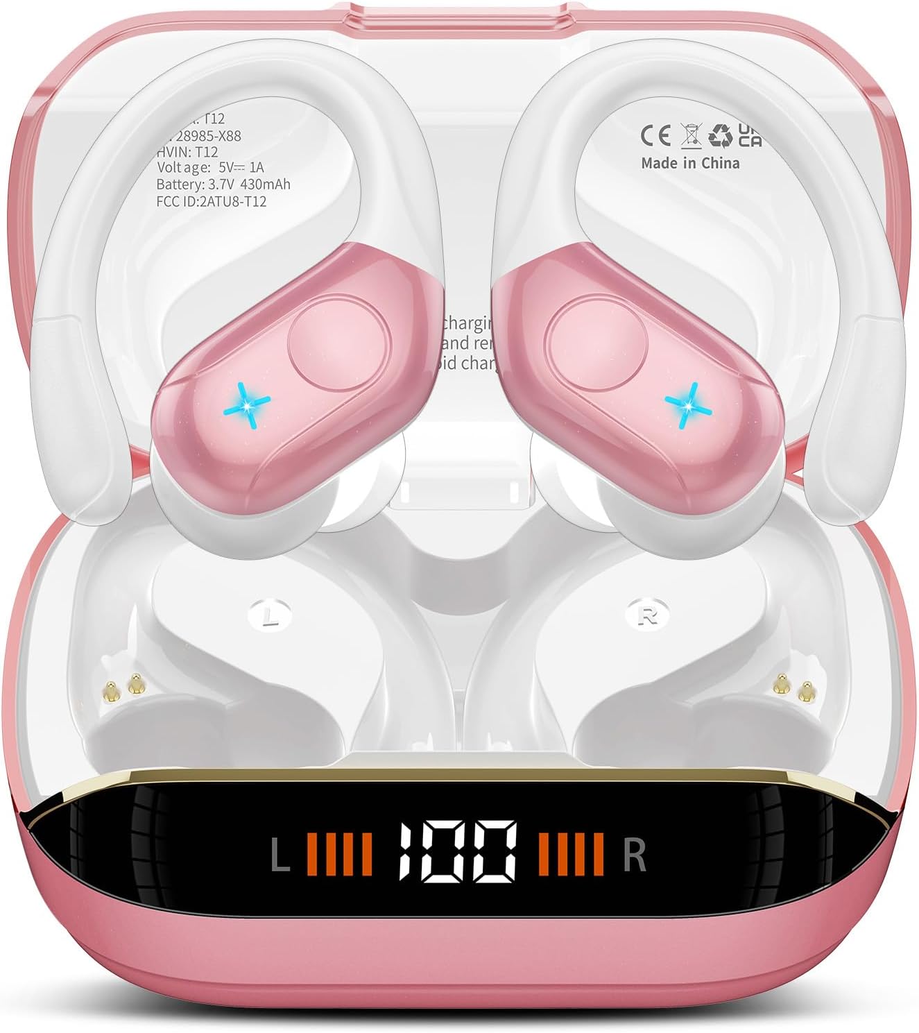 Detalle de Qecnato T12 Wireless Earbuds, IP7 Waterproof, Bluetooth 5.4, Blush Pink